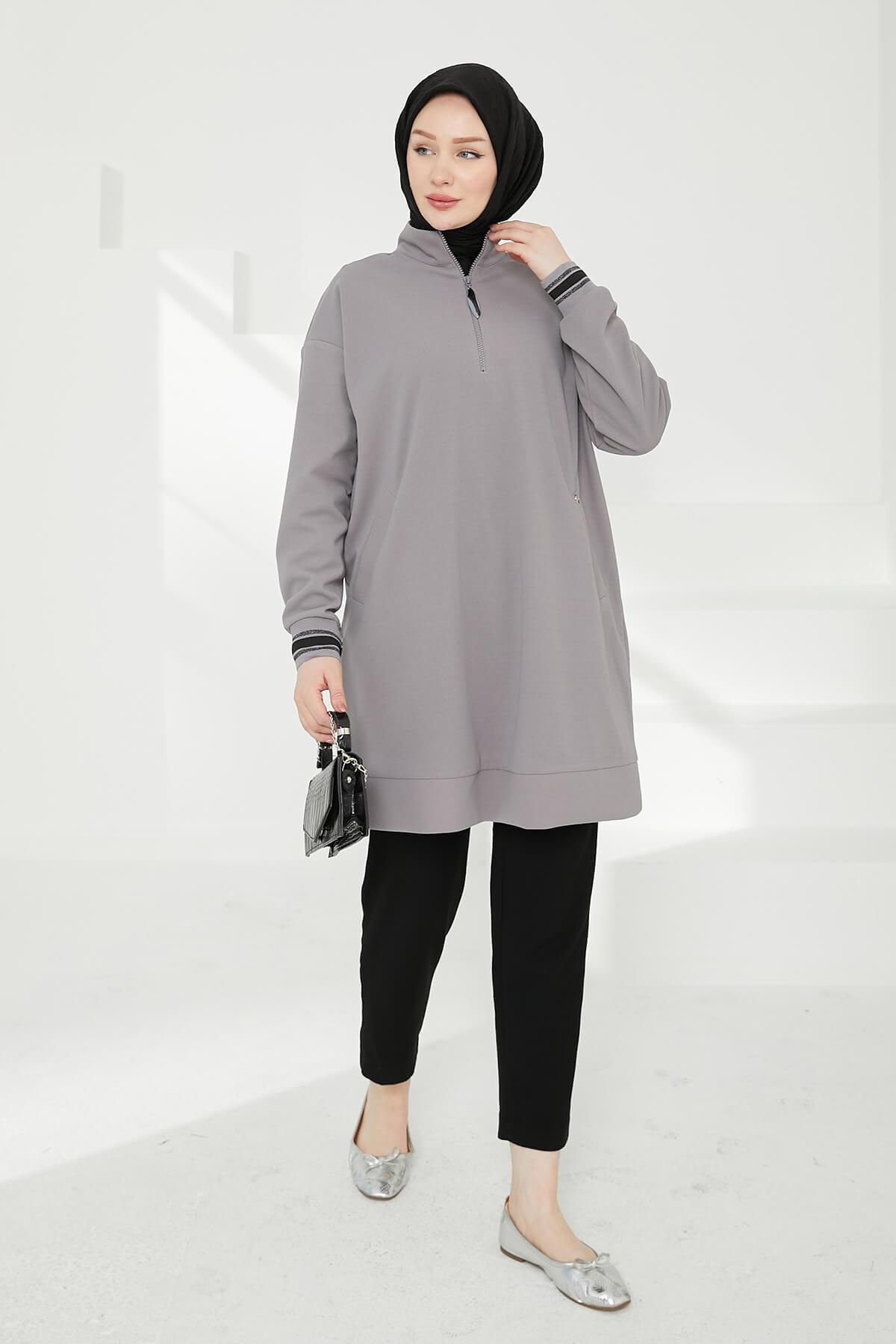 Armine TREND Cepli Önden Fermuarlı Tunik Gri 24KT480