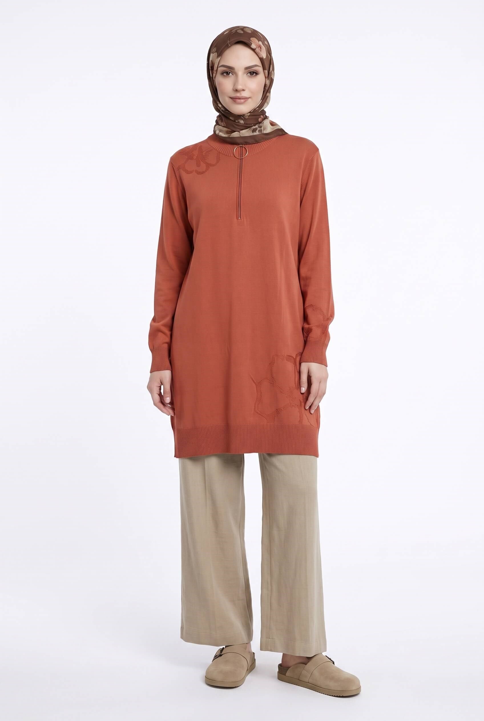 Armine TREND Çiçek Nakışlı Fermuarlı Triko Tunik Şeftali 25KTD4111