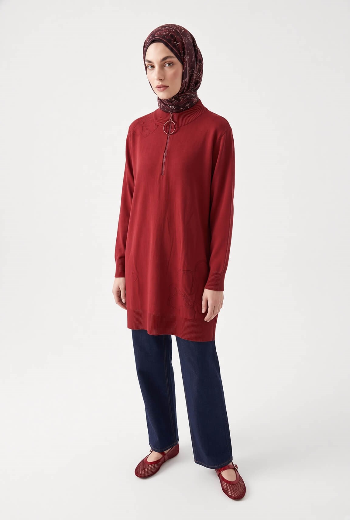 Armine TREND Çiçek Nakışlı Fermuarlı Triko Tunik Bordo 25KTD4111