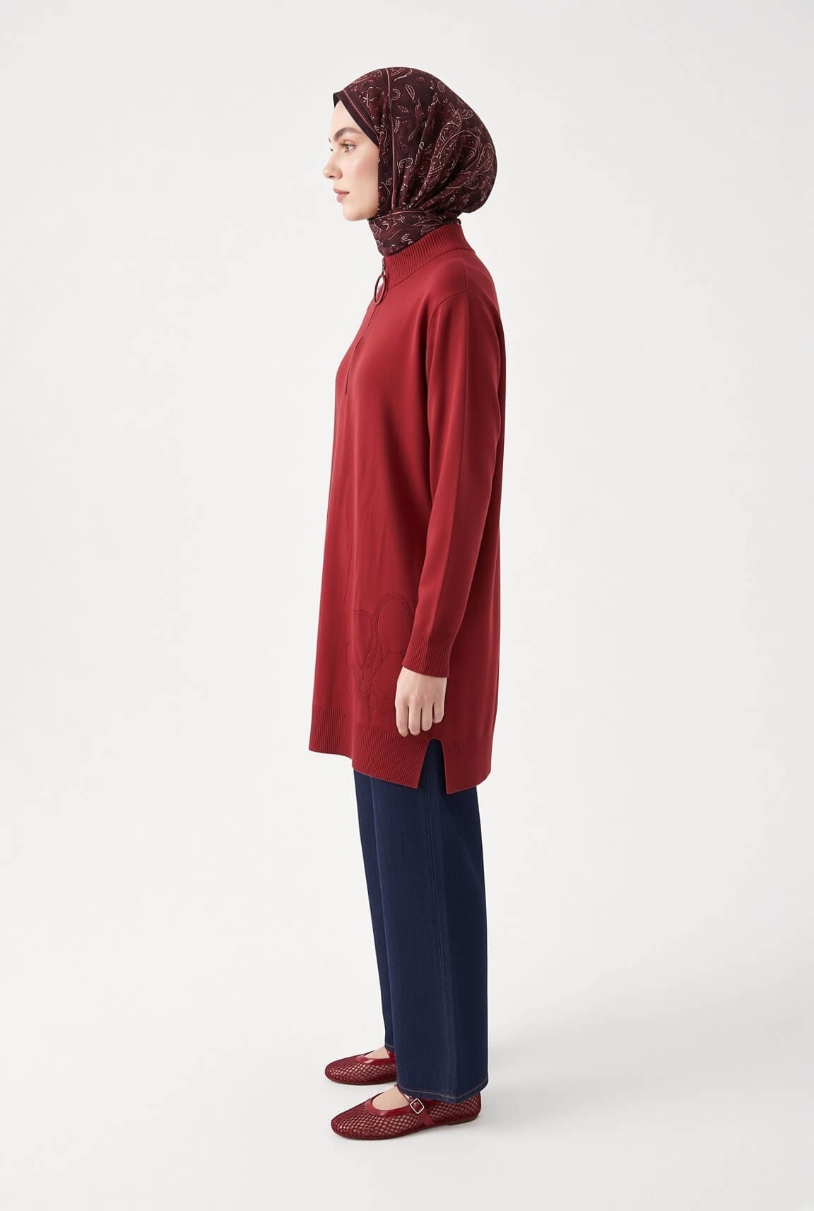 Armine TREND Çiçek Nakışlı Fermuarlı Triko Tunik Bordo 25KTD4111