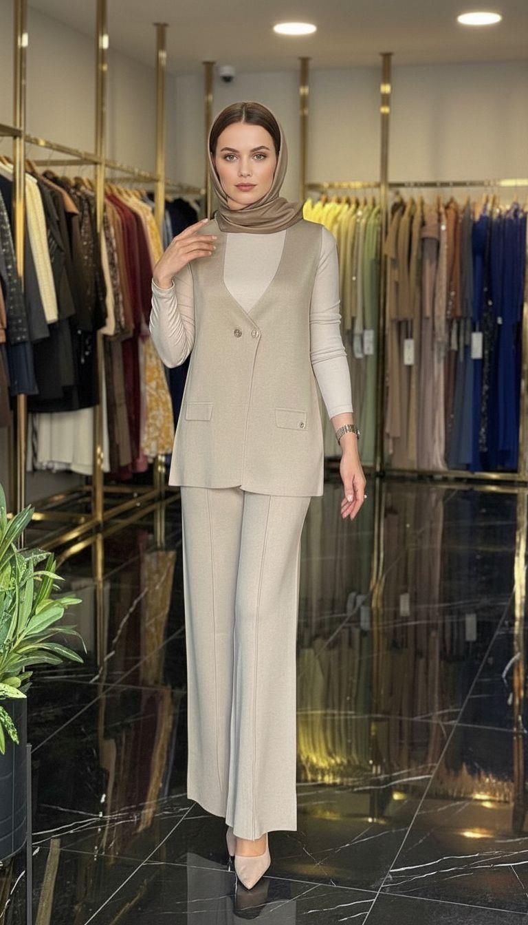 Armine TREND Çift Düğme Detaylı Yelekli Triko Takım Koyu Taş 25YTD6117
