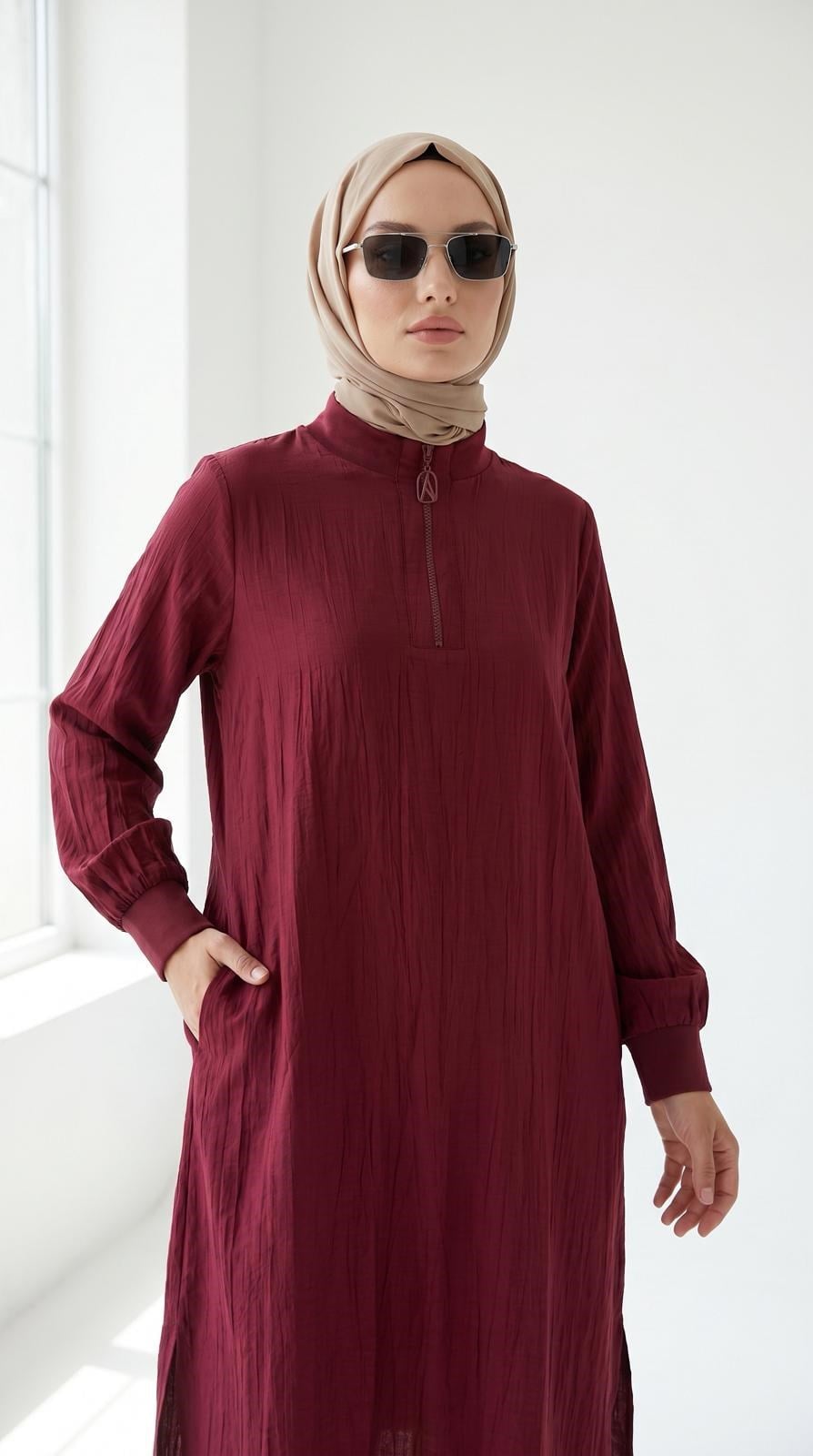 Armine TREND Çilek Kumaş Yarım Fermuarlı Tunik Bordo 26YT462