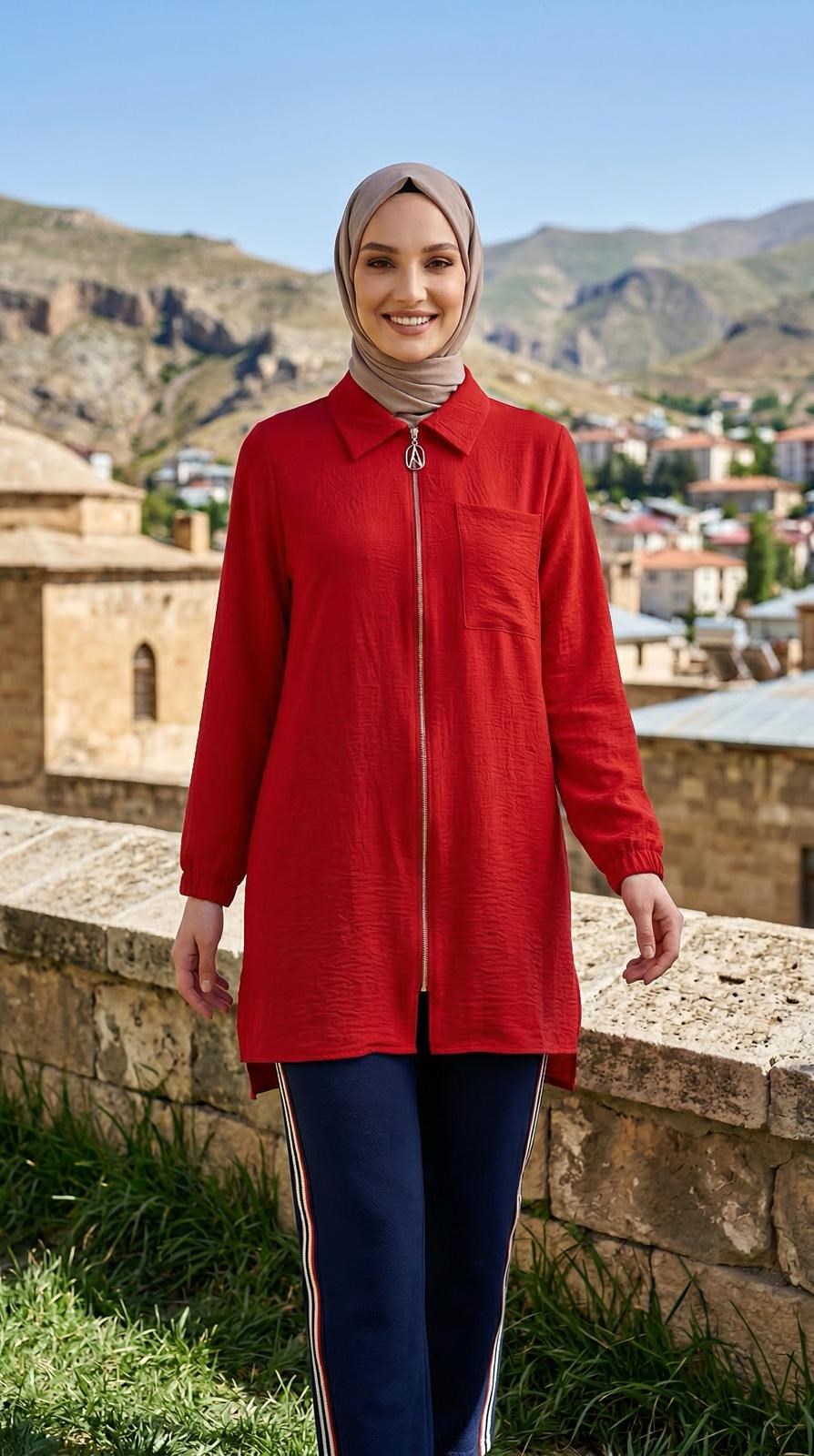 Armine TREND Çizgi Biye Detay Pantolonlu Takım Kırmızı 26YT605