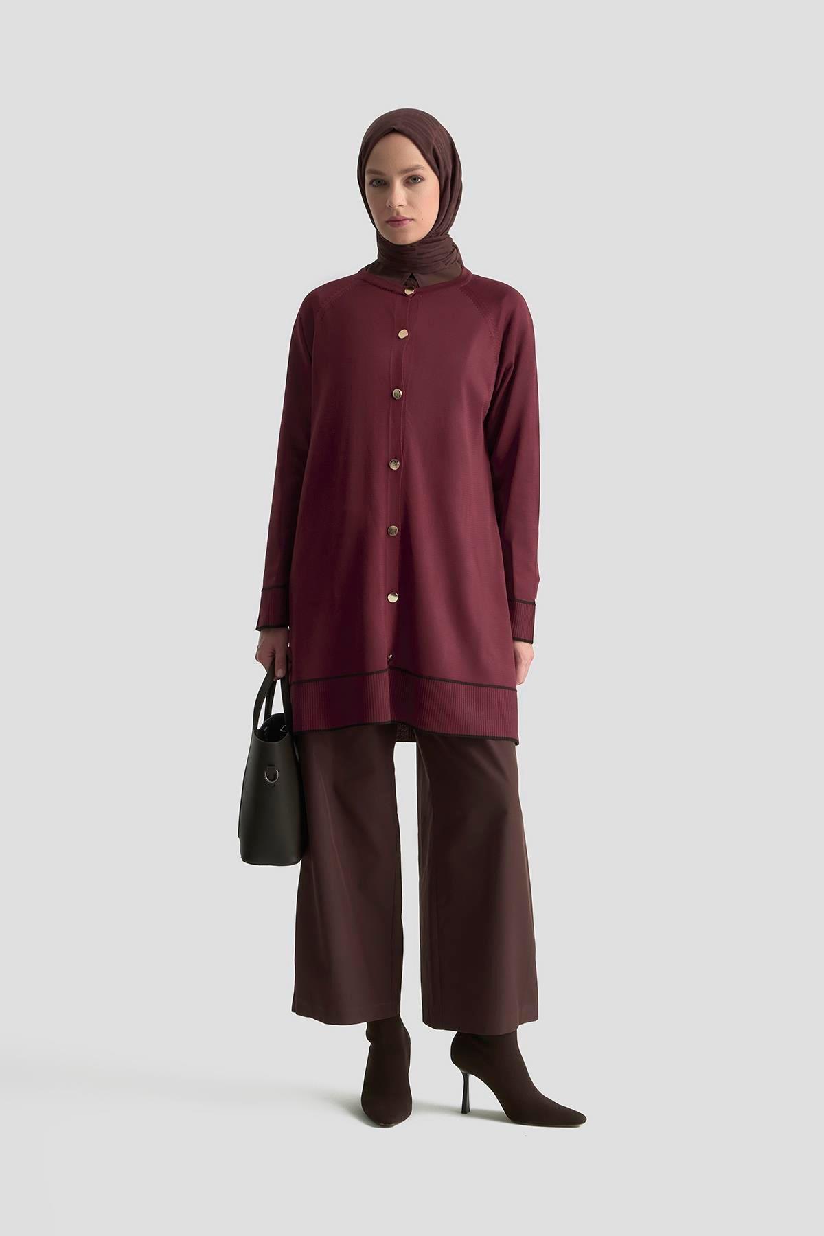 Armine TREND Çizgi Detaylı Triko Hırka Bordo 25YTD4123