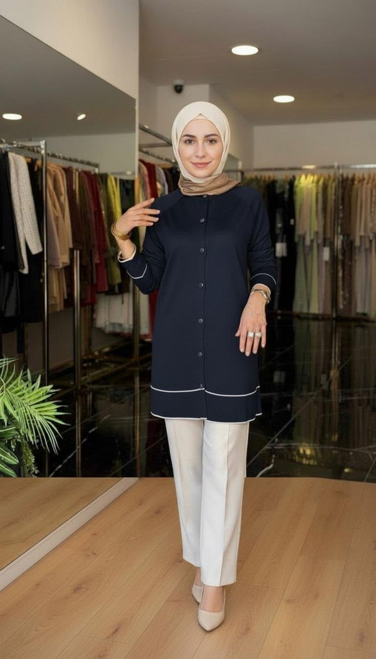 Armine TREND Çizgi Detaylı Triko Hırka Lacivert 25YTD4123