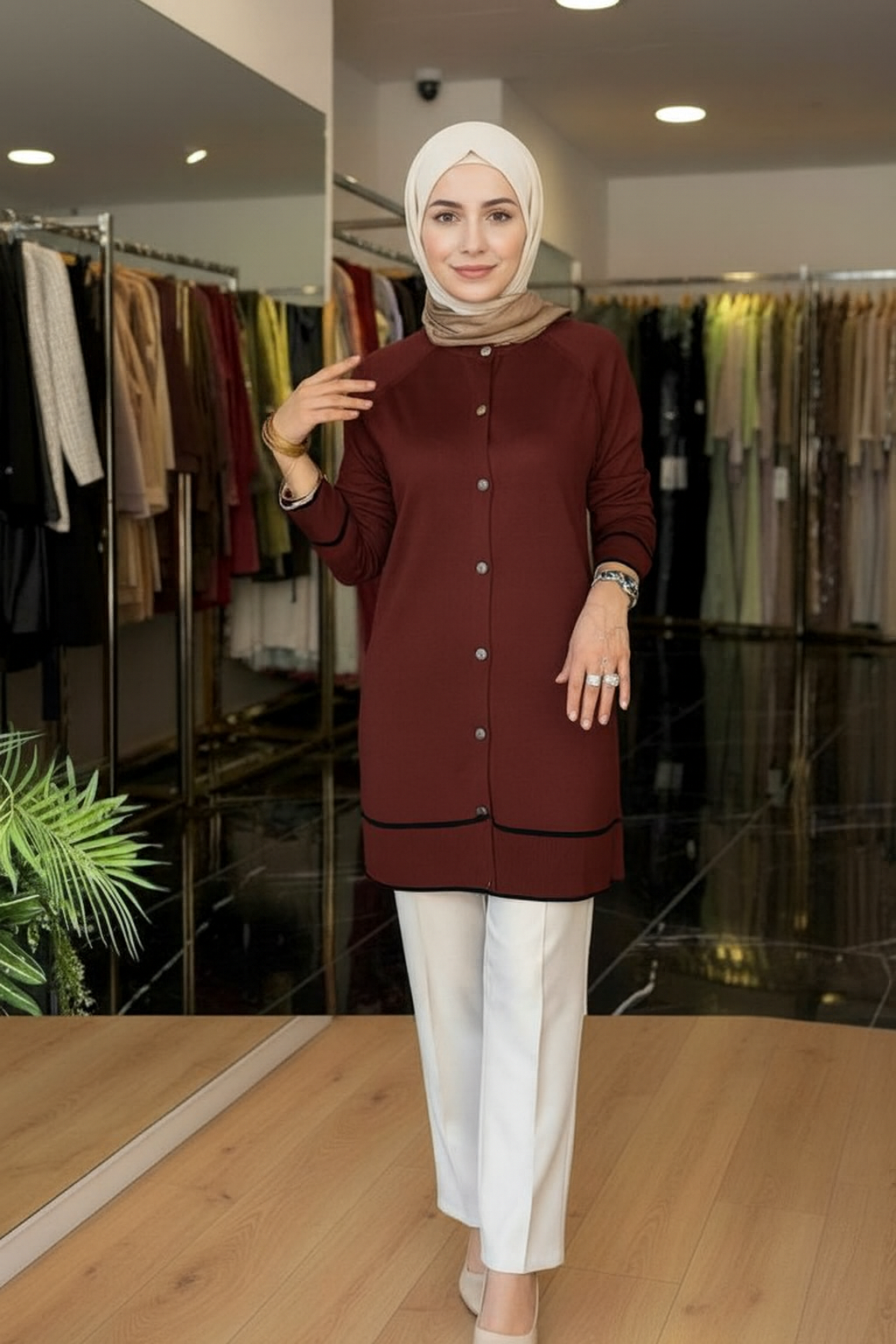 Armine TREND Çizgi Detaylı Triko Hırka Bordo 25YTD4123
