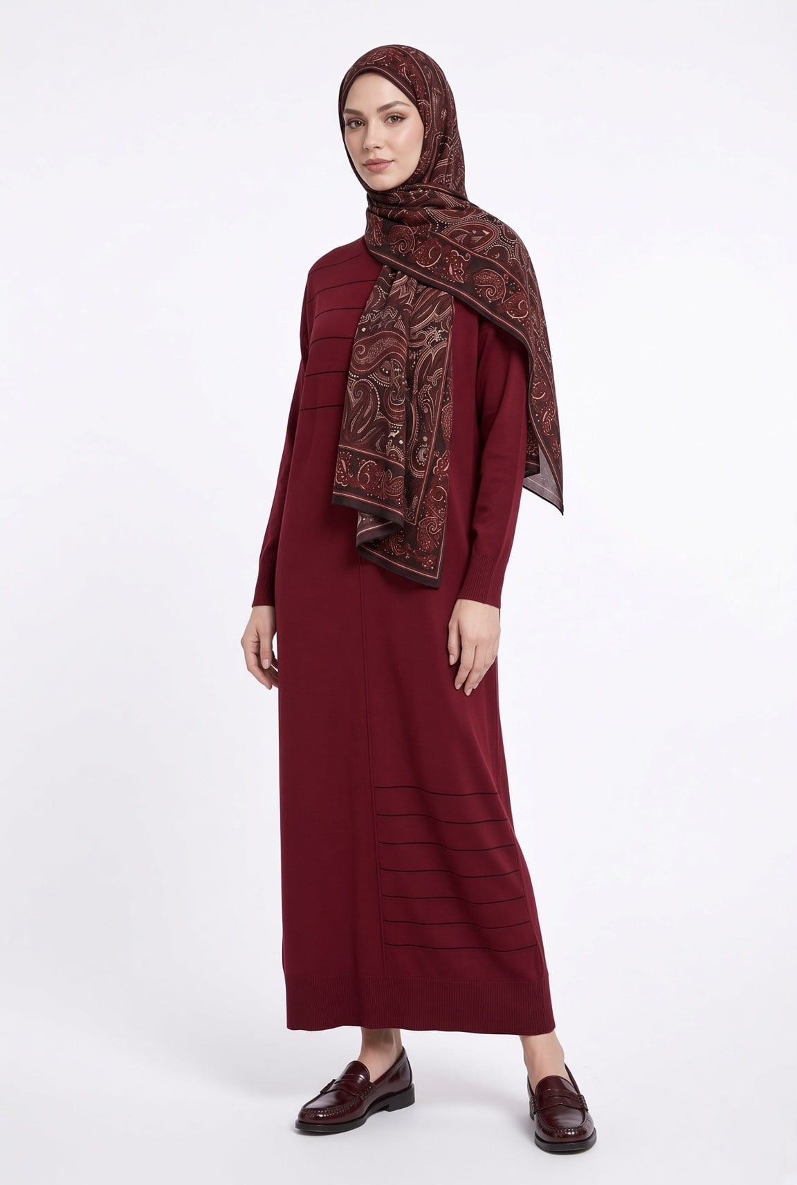 Armine TREND Çizgi ve Jakar Detaylı Triko Elbise Bordo 26ktd912