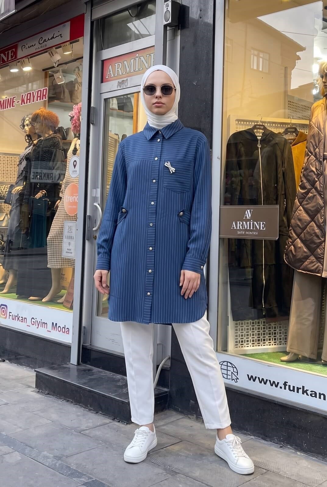 Armine Trend Çizgili Metal Düğmeli Lüks Tunik İndigo 26yt401
