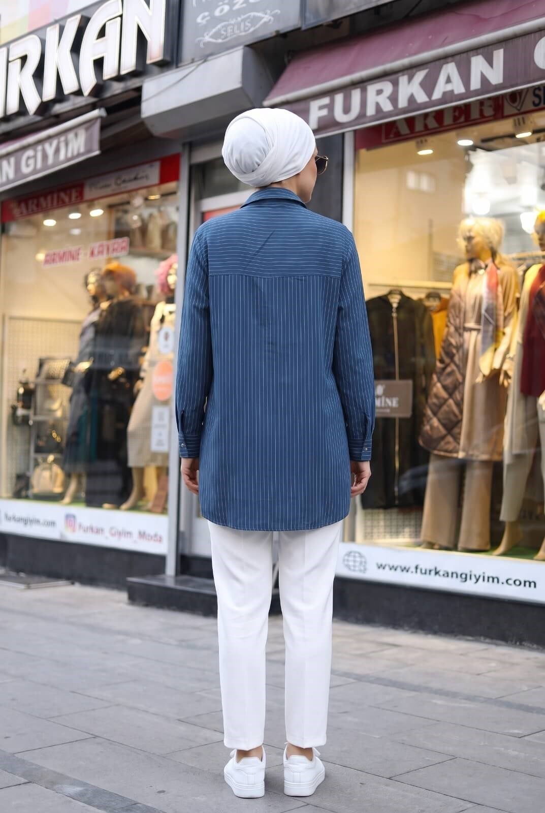 Armine Trend Çizgili Metal Düğmeli Lüks Tunik İndigo 26yt401