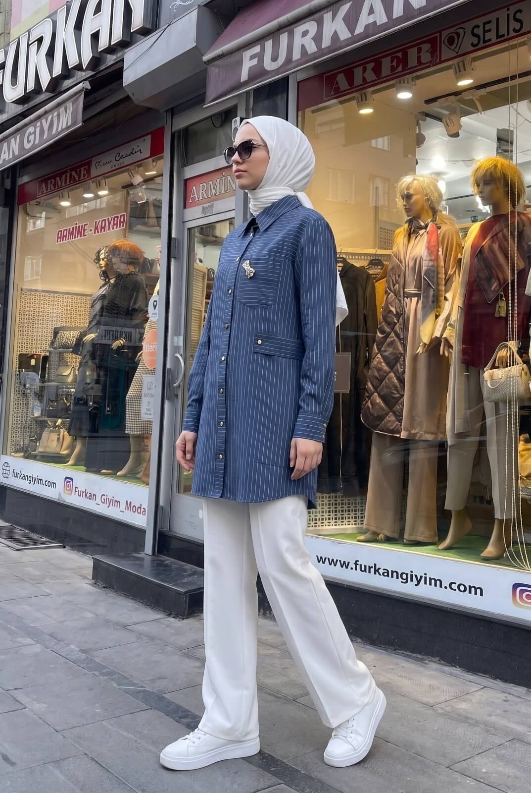 Armine Trend Çizgili Metal Düğmeli Lüks Tunik İndigo 26yt401