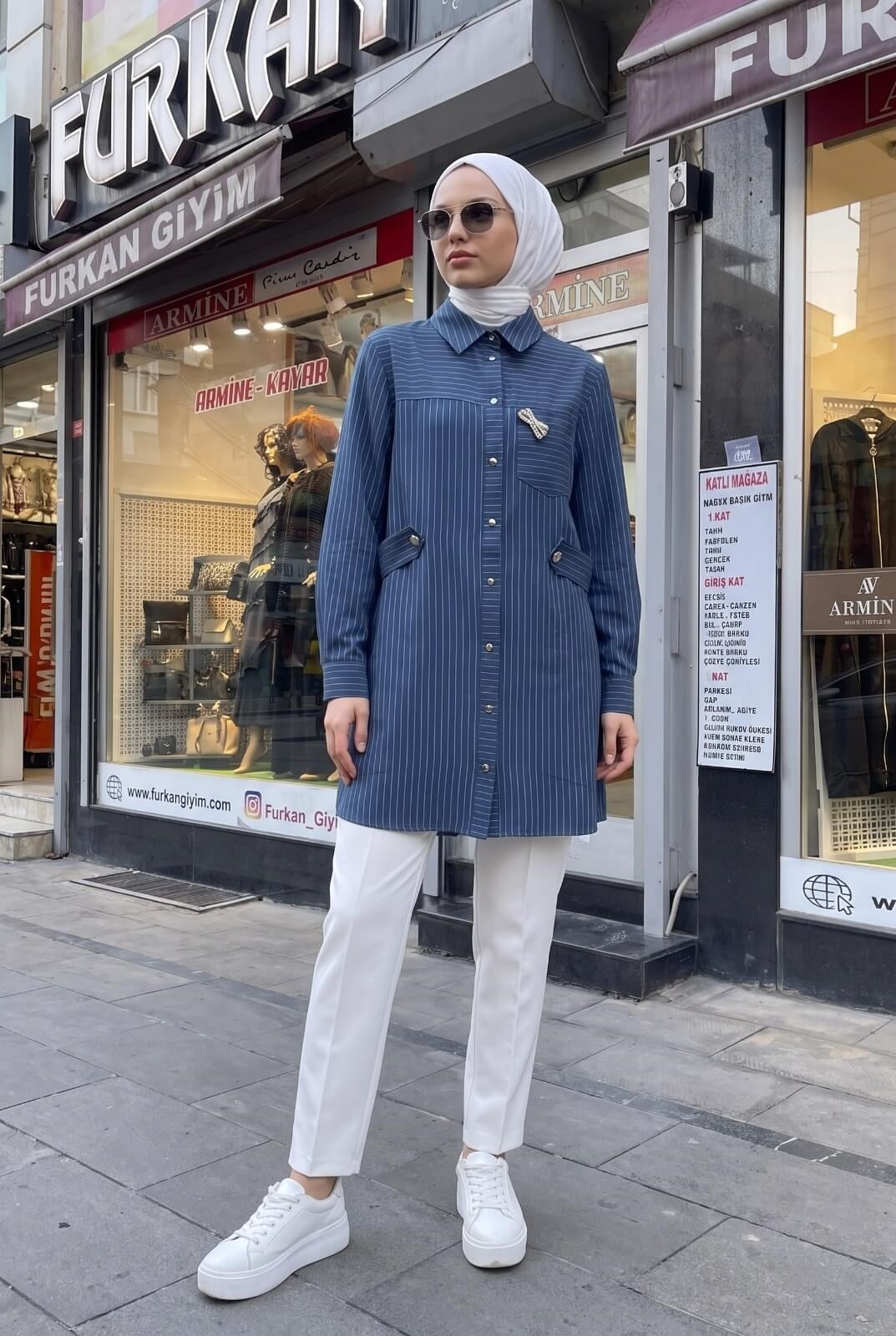Armine Trend Çizgili Metal Düğmeli Lüks Tunik İndigo 26yt401