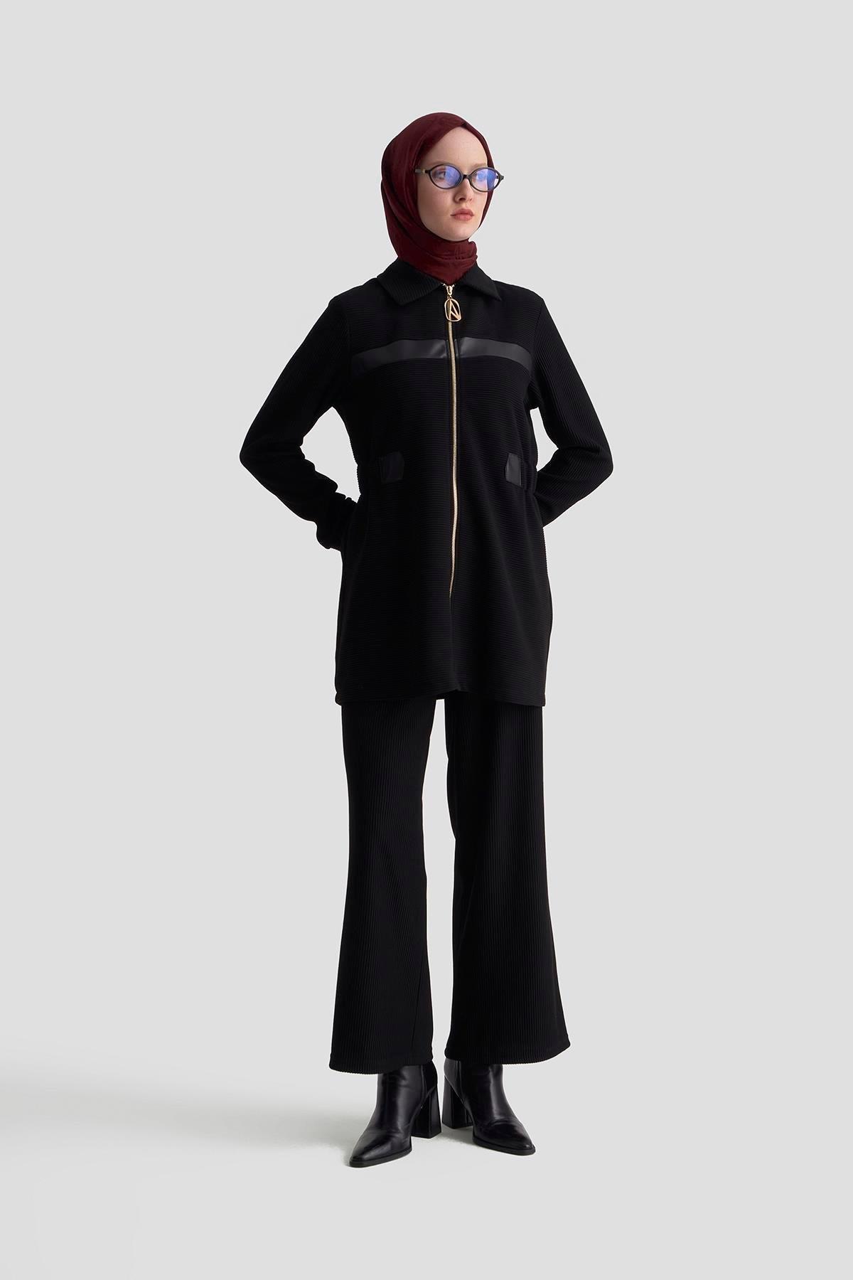 ARMİNE TREND Deri Detaylı Fitilli Pantolonlu İkili Takım Siyah 25KT649