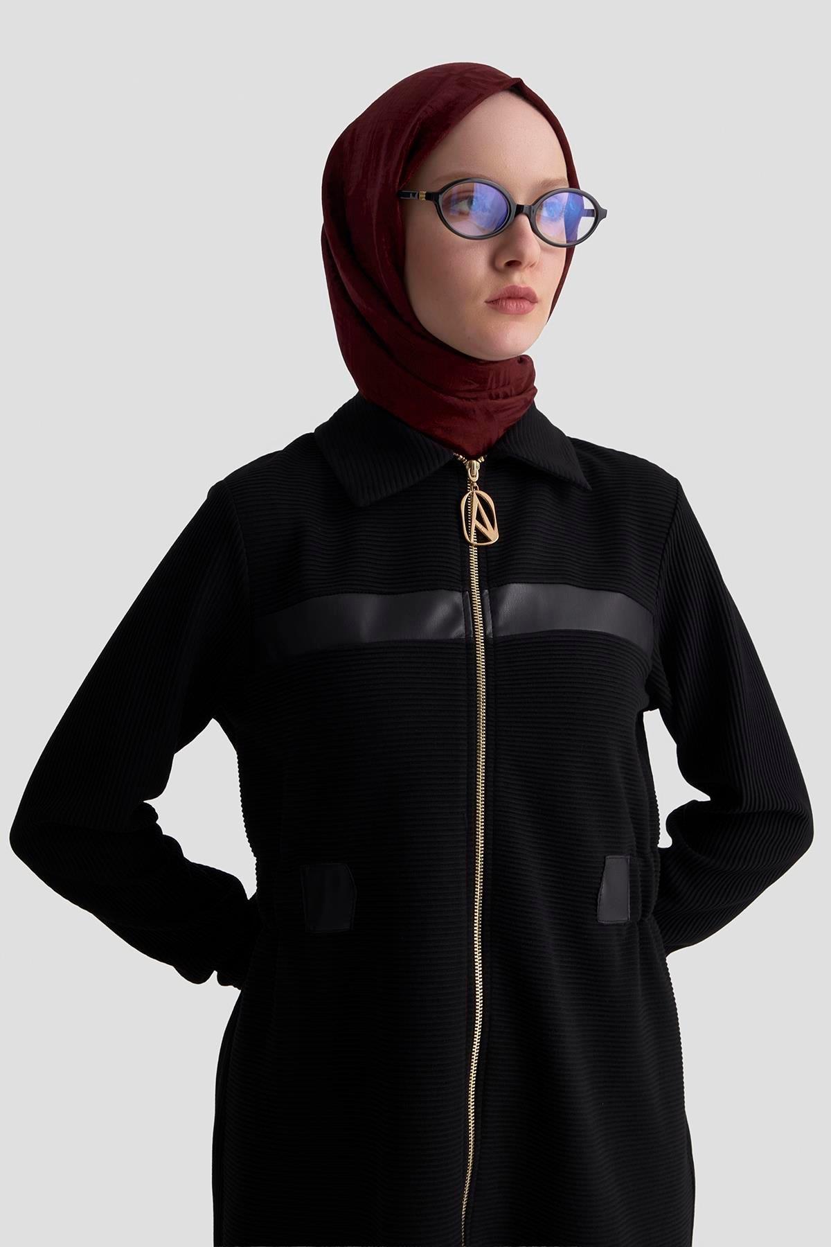 ARMİNE TREND Deri Detaylı Fitilli Pantolonlu İkili Takım Siyah 25KT649