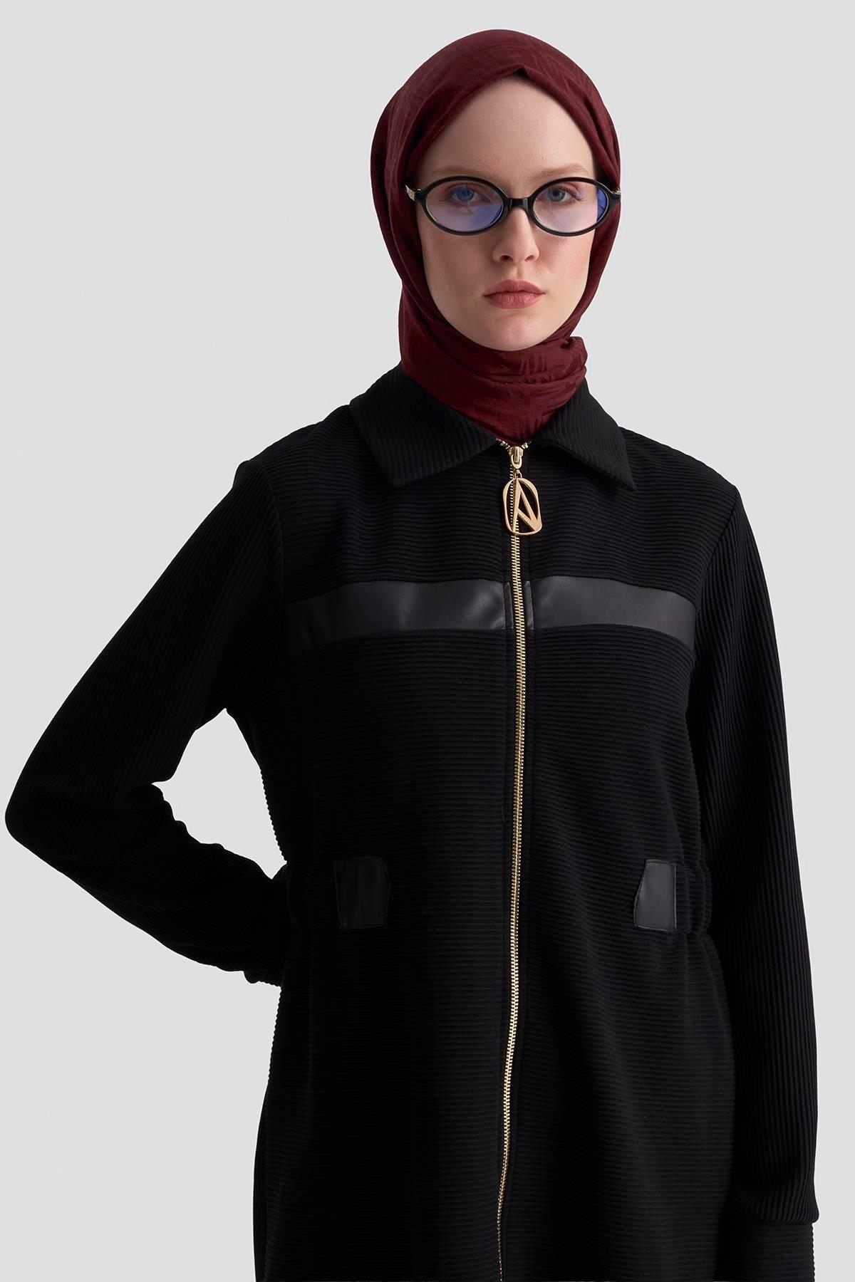 ARMİNE TREND Deri Detaylı Fitilli Pantolonlu İkili Takım Siyah 25KT649