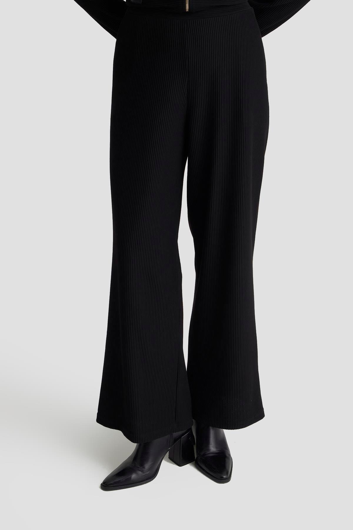 ARMİNE TREND Deri Detaylı Fitilli Pantolonlu İkili Takım Siyah 25KT649