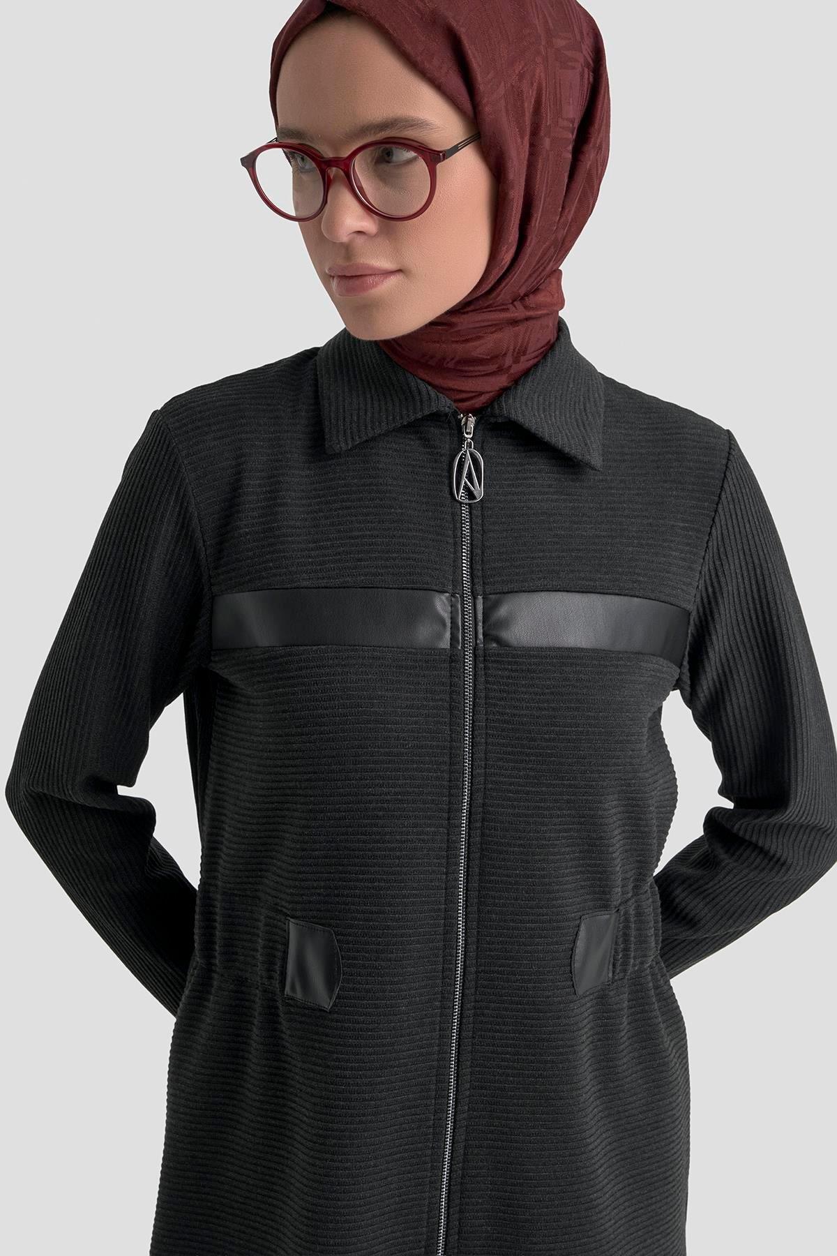 ARMİNE TREND Deri Detaylı Fitilli Pantolonlu İkili Takım Antrasit 25KT649