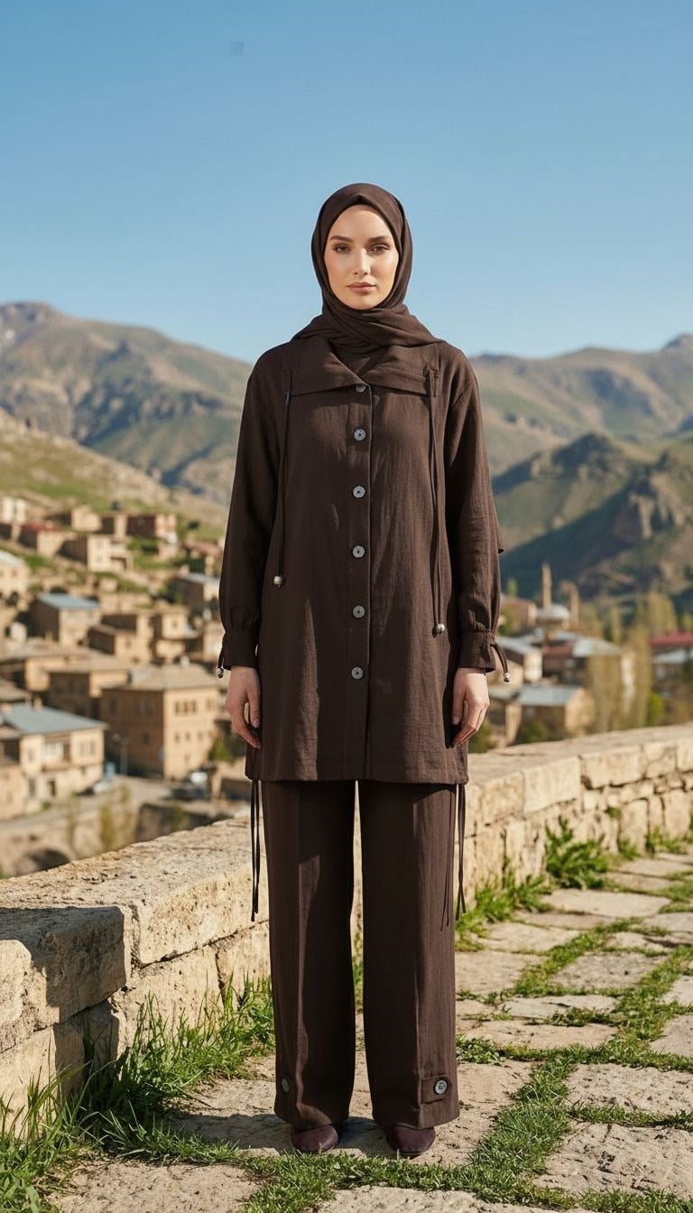 Armine TREND Düğme Detaylı Pantolonlu Takım Kahverengi 26YT658