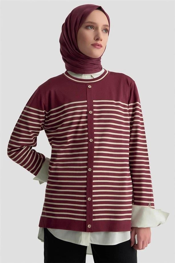 Armine TREND Düğmeli Çizgili Triko Kazak Bordo 25YTD4128