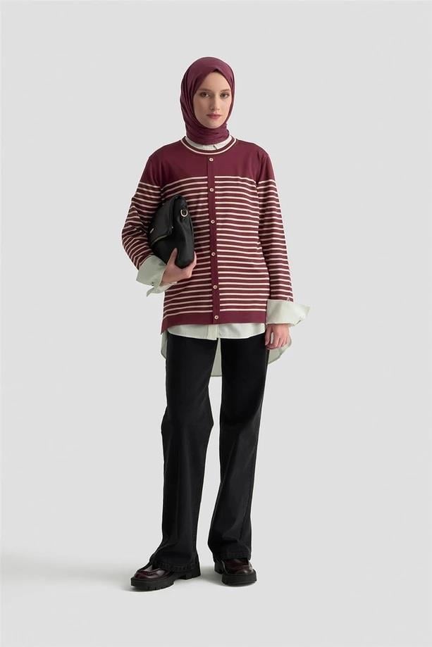 Armine TREND Düğmeli Çizgili Triko Kazak Bordo 25YTD4128