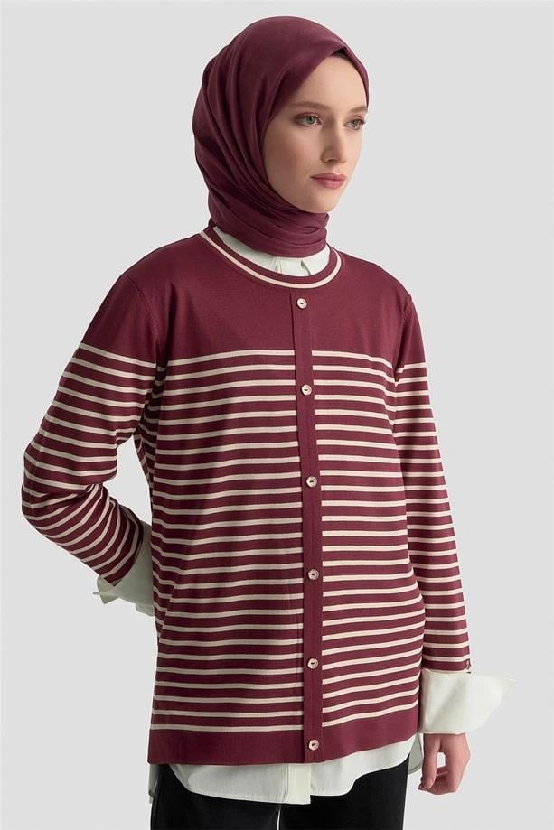 Armine TREND Düğmeli Çizgili Triko Kazak Bordo 25YTD4128