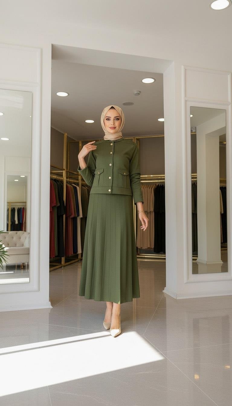 Armine TREND Düğmeli Etekli Merserize Takım Haki 25YTD6120