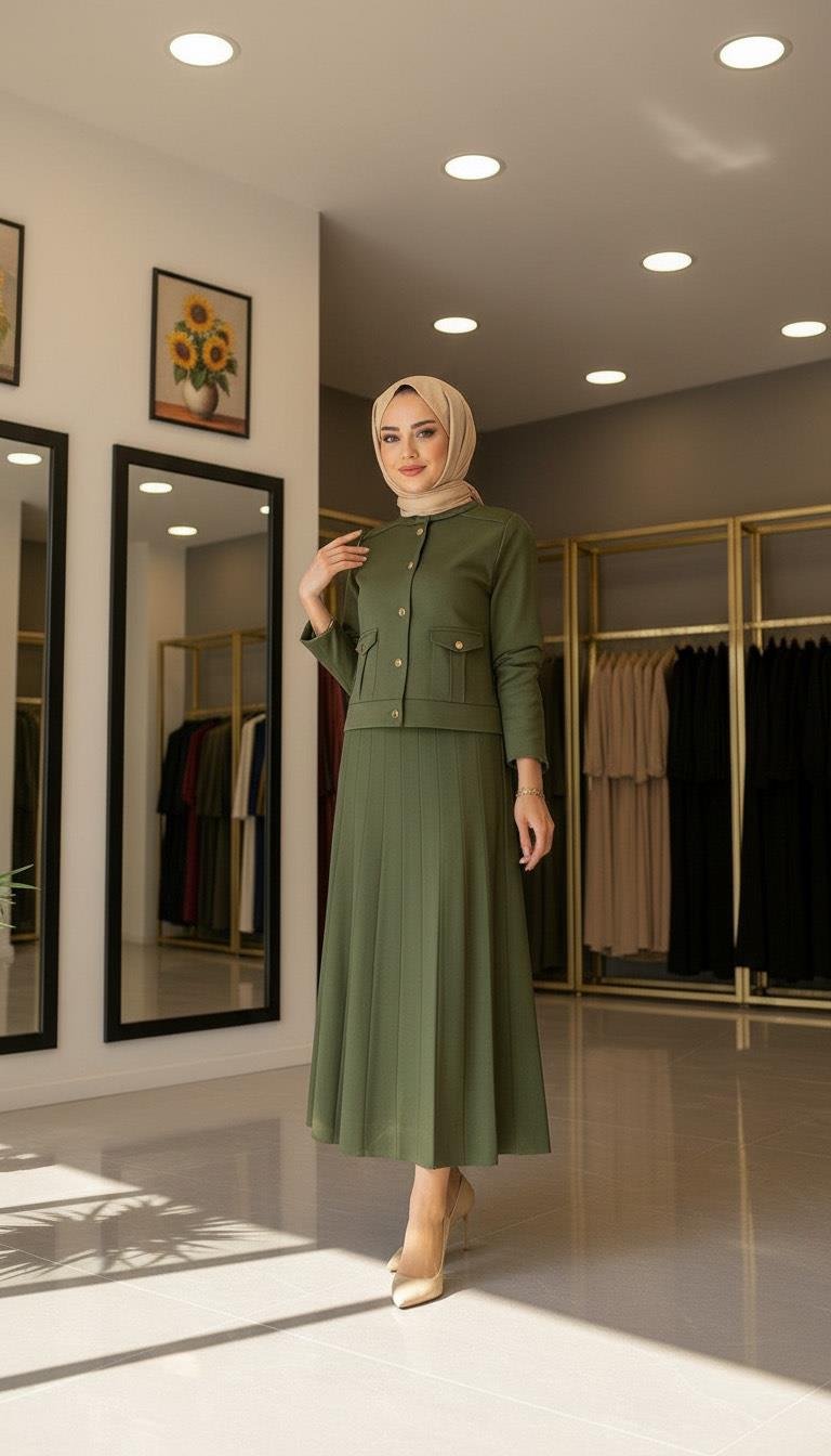 Armine TREND Düğmeli Etekli Merserize Takım Haki 25YTD6120