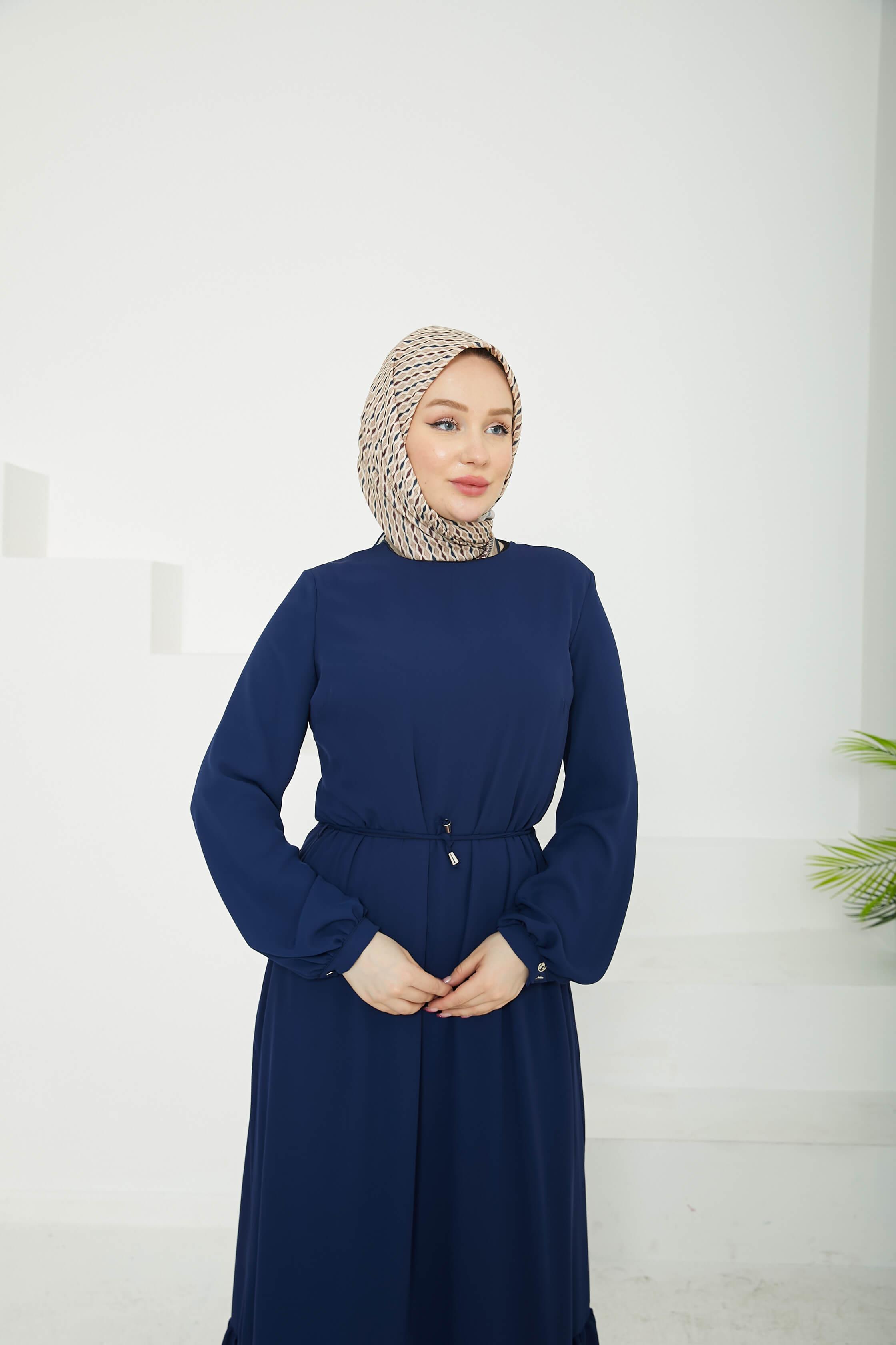 ARMİNE TREND Etek Ucu Tül Desenli Fermuarlı Elbise Lacivert 25YT924
