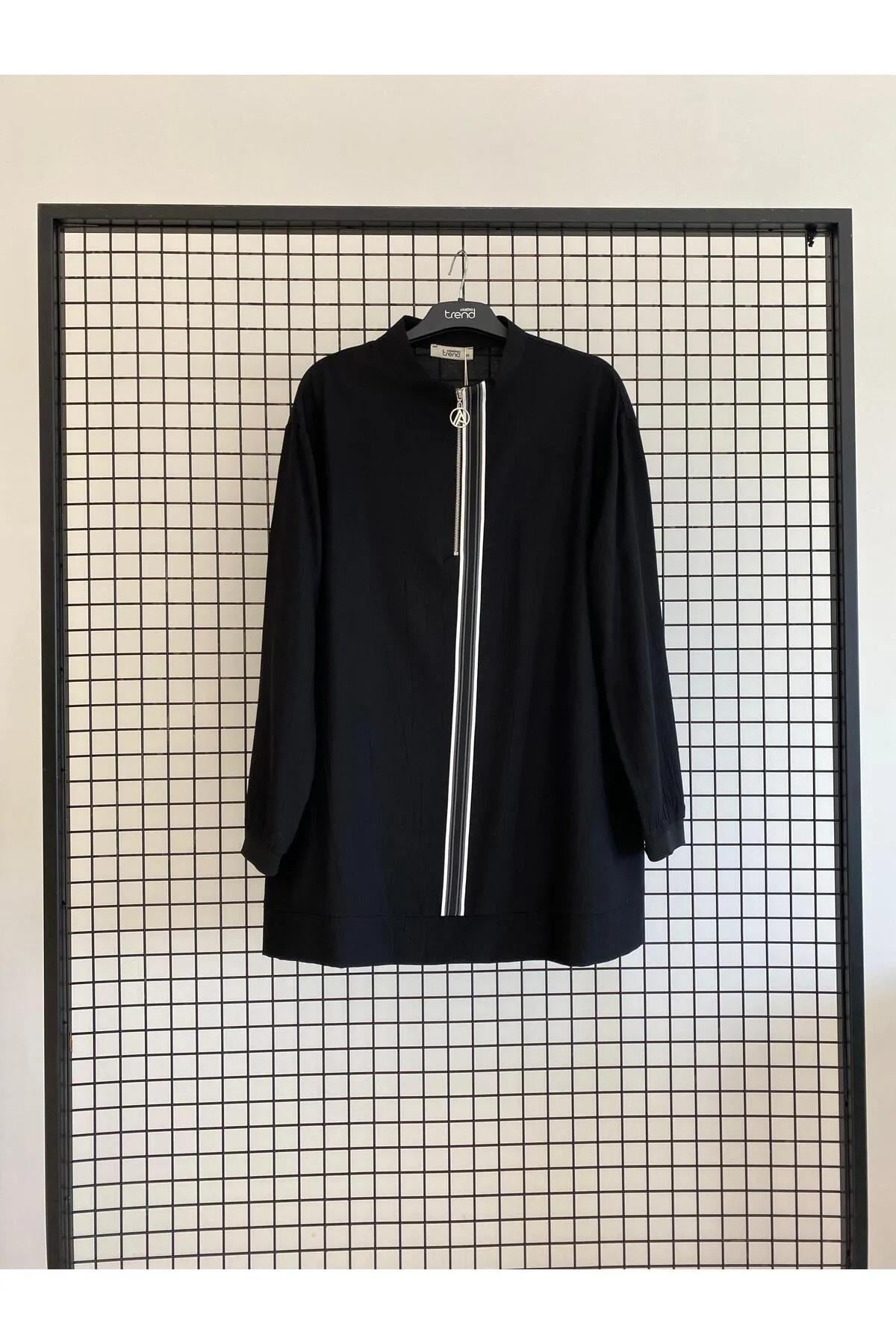 Armine TREND Fermuar Detaylı Çilek Kumaş Tunik Siyah 25YT4139