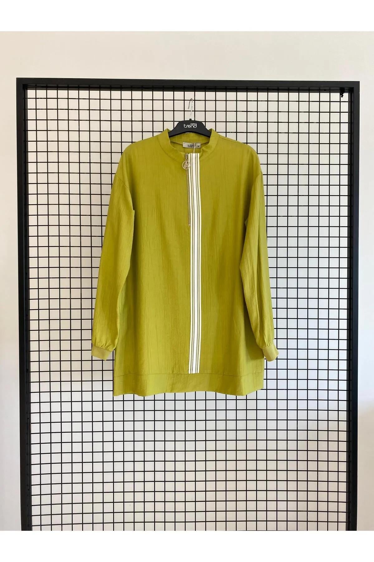 Armine TREND Fermuar Detaylı Çilek Kumaş Tunik Yağ Yeşili 25YT4139