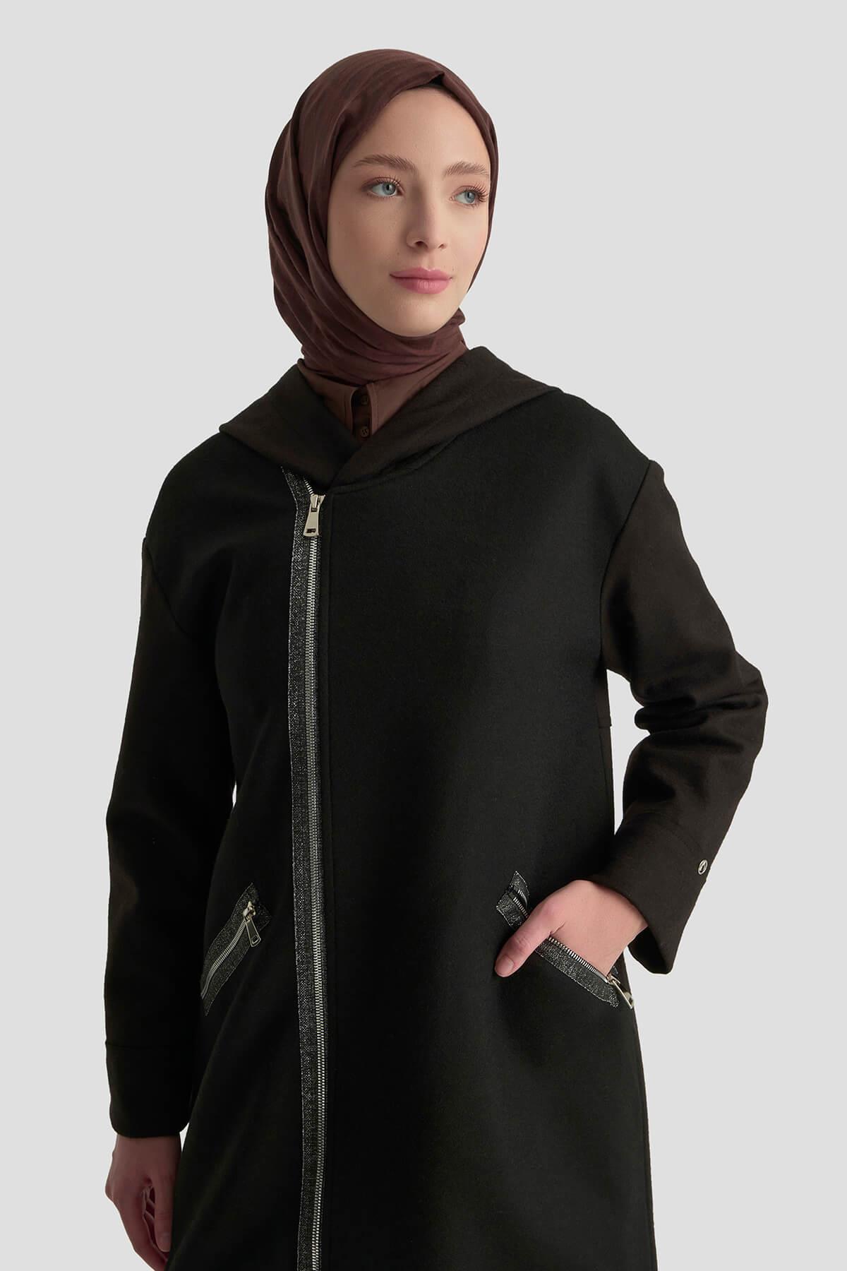 Armine TREND Fermuarları Parlak Biye Detay Kap - Ceket Siyah 25KT504