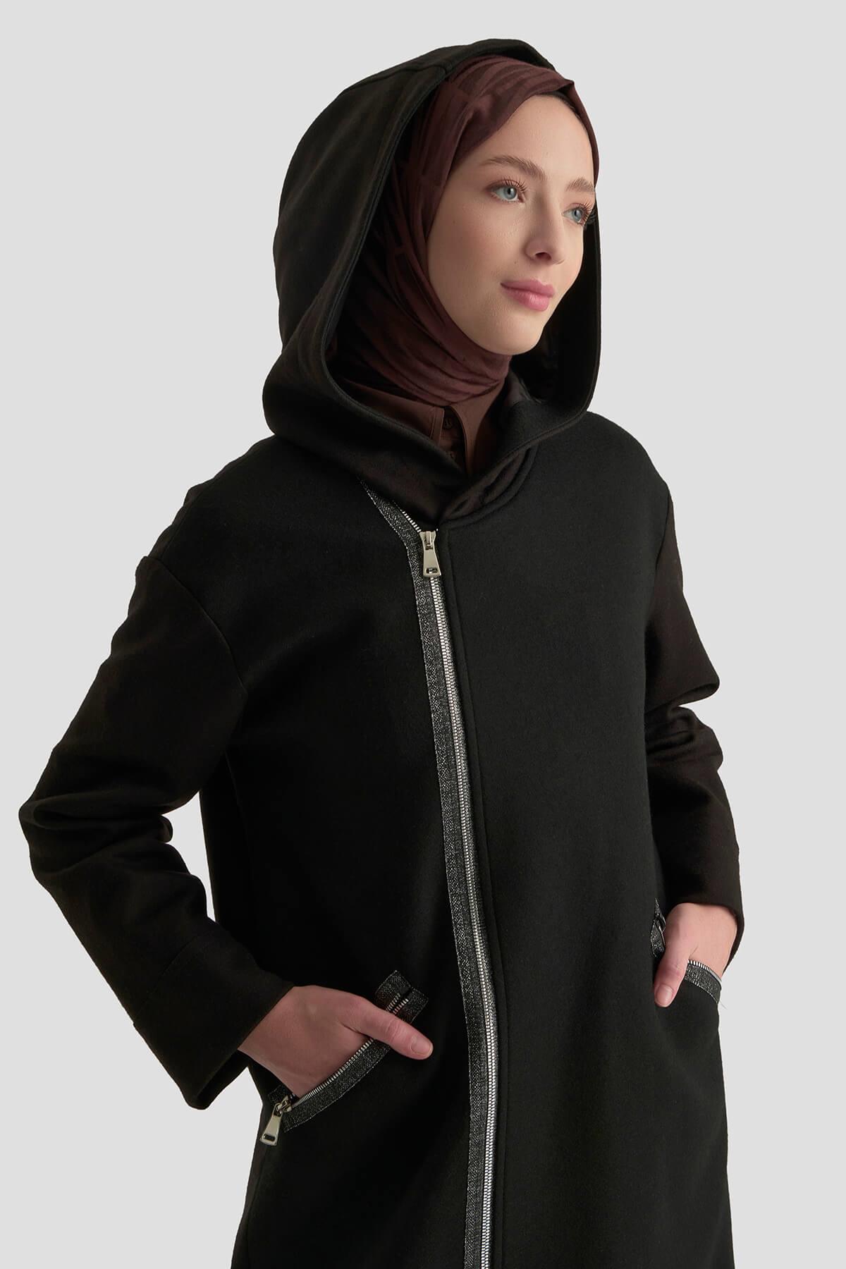 Armine TREND Fermuarları Parlak Biye Detay Kap - Ceket Siyah 25KT504