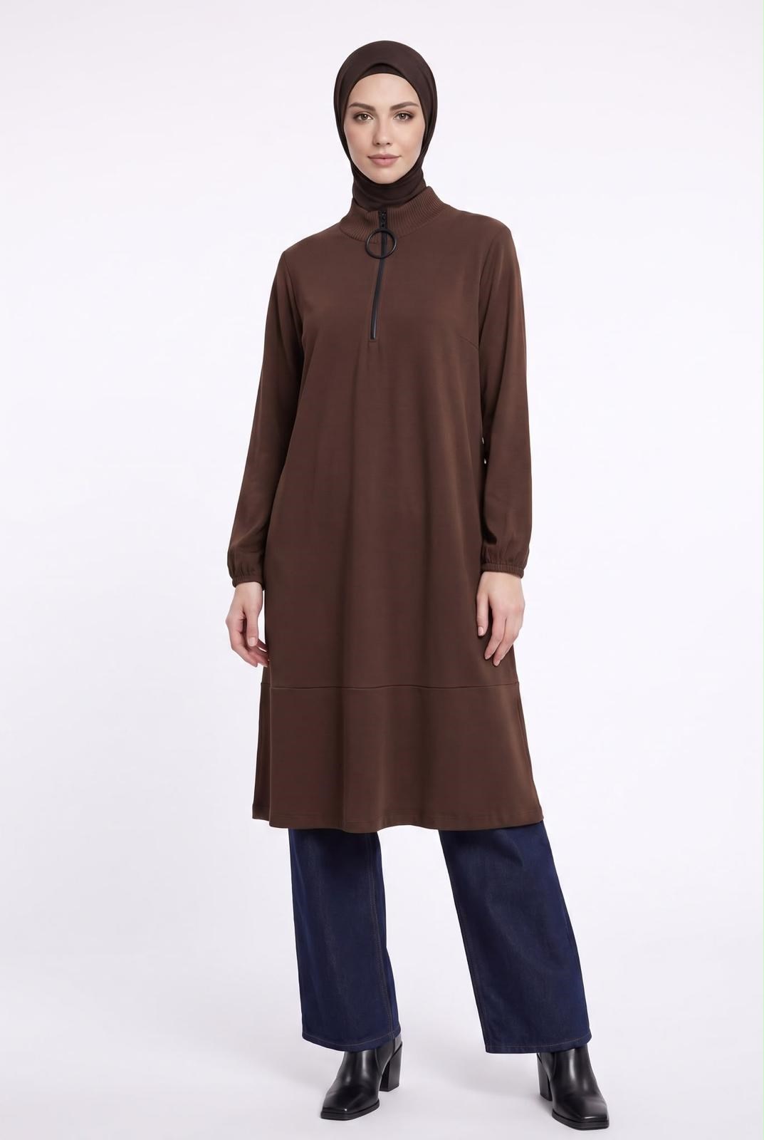 Armine TREND Fermuarlı Düz Uzun Triko Tunik Kahverengi 26KTD905