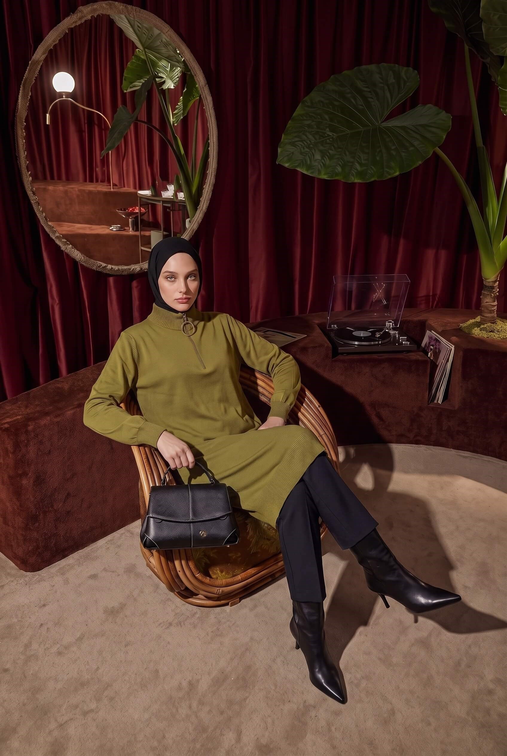 Armine TREND Fermuarlı Düz Uzun Triko Tunik Yağ Yeşili 25KTD4113