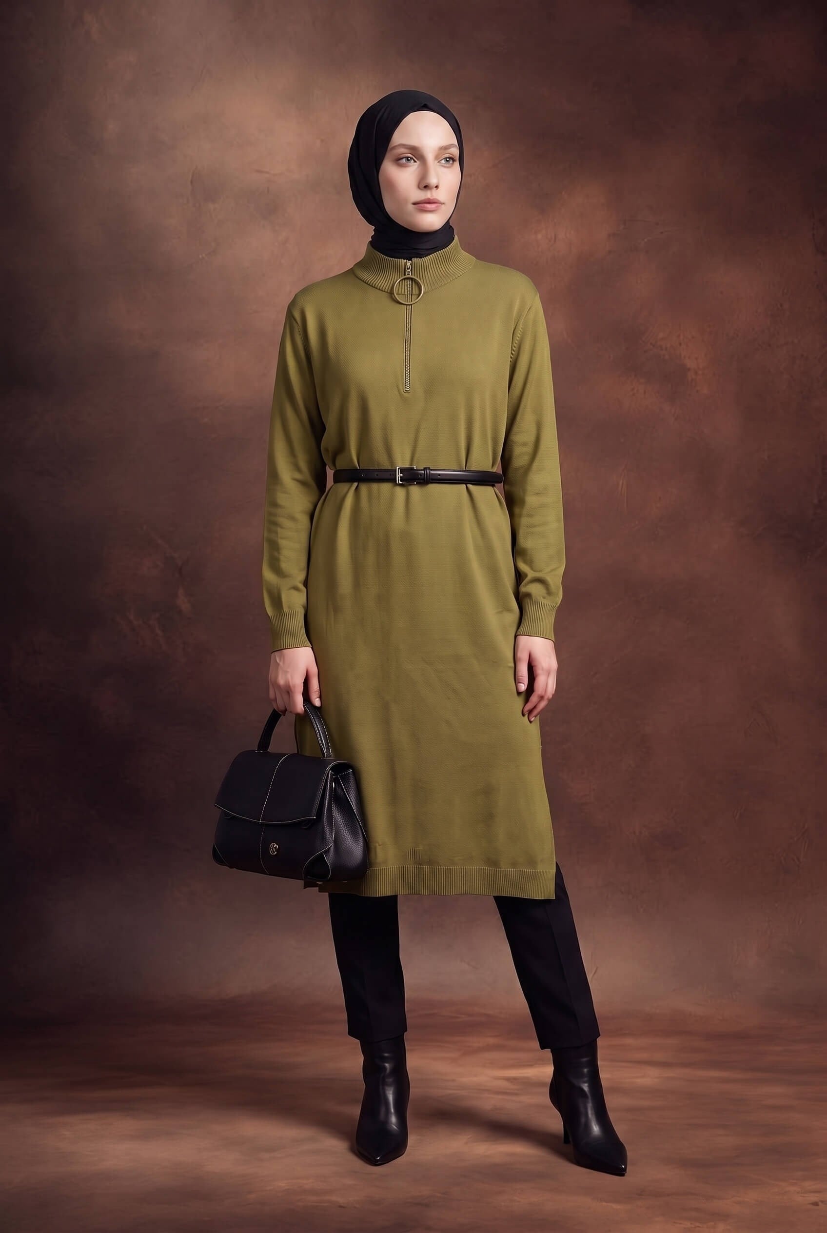 Armine TREND Fermuarlı Düz Uzun Triko Tunik Yağ Yeşili 25KTD4113