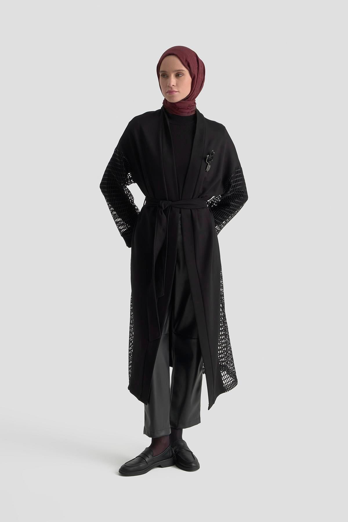 Armine TREND File Detay Uzun Hırka Siyah 25KT561