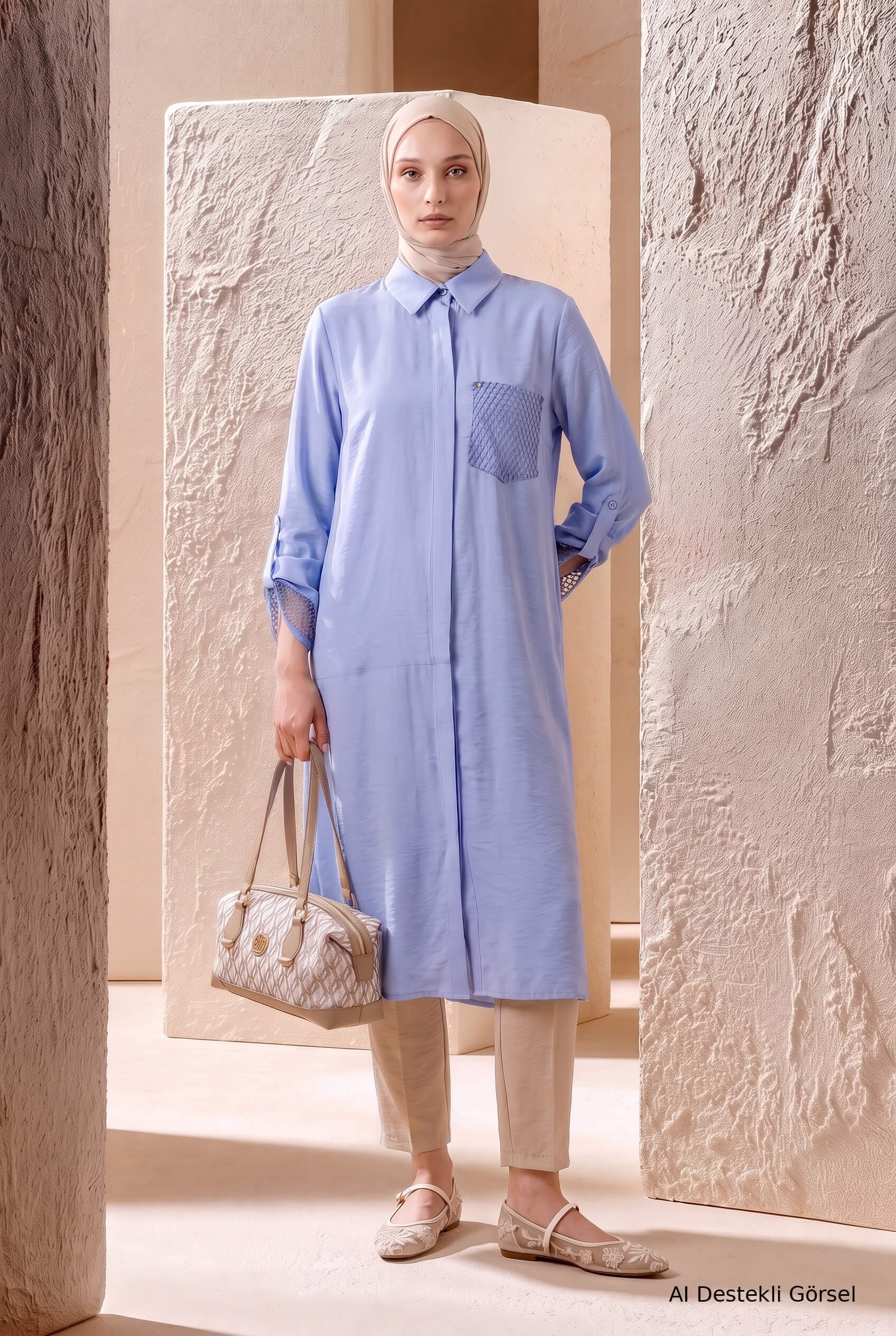 Armine TREND File Detaylı Gizli Düğmeli Tunik Açık Mavi 26YT458