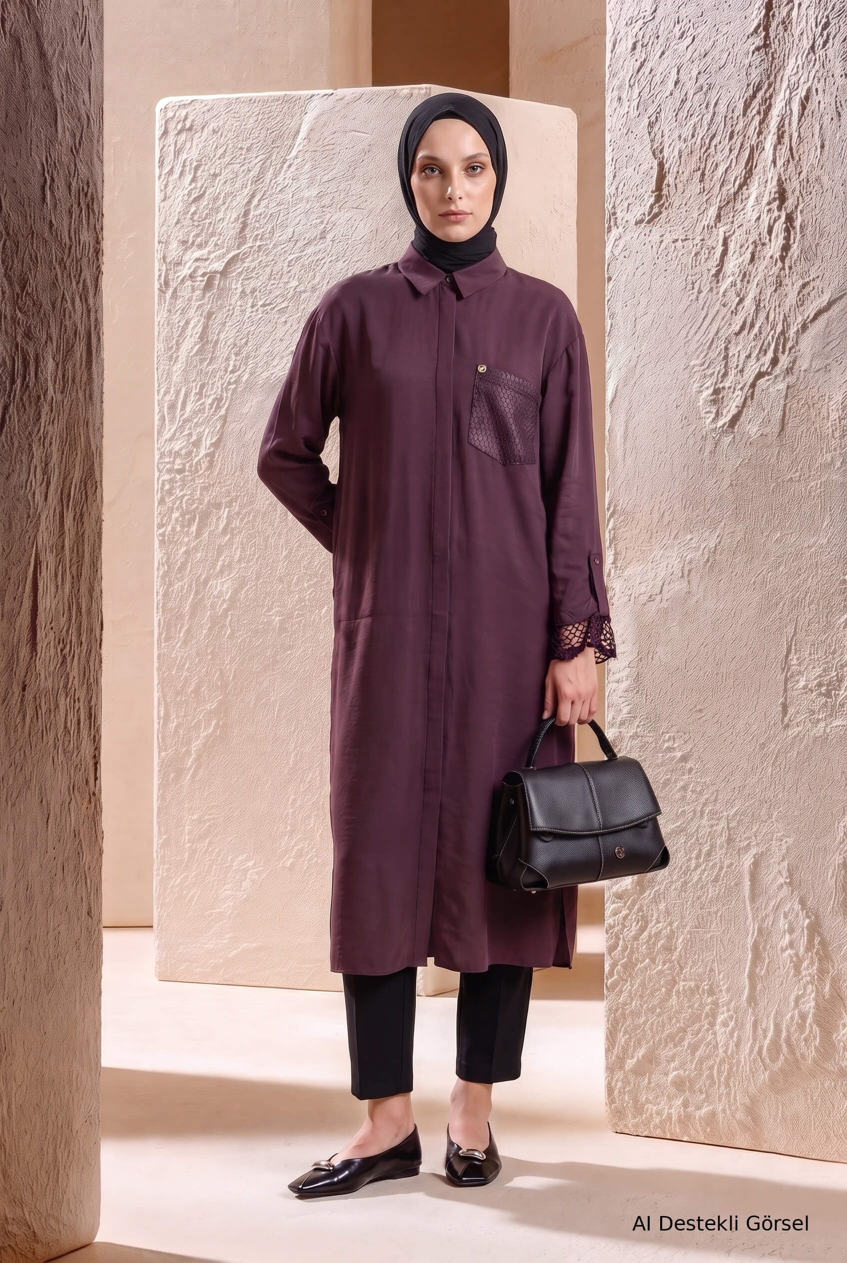 Armine TREND File Detaylı Gizli Düğmeli Tunik Bordo 26YT458