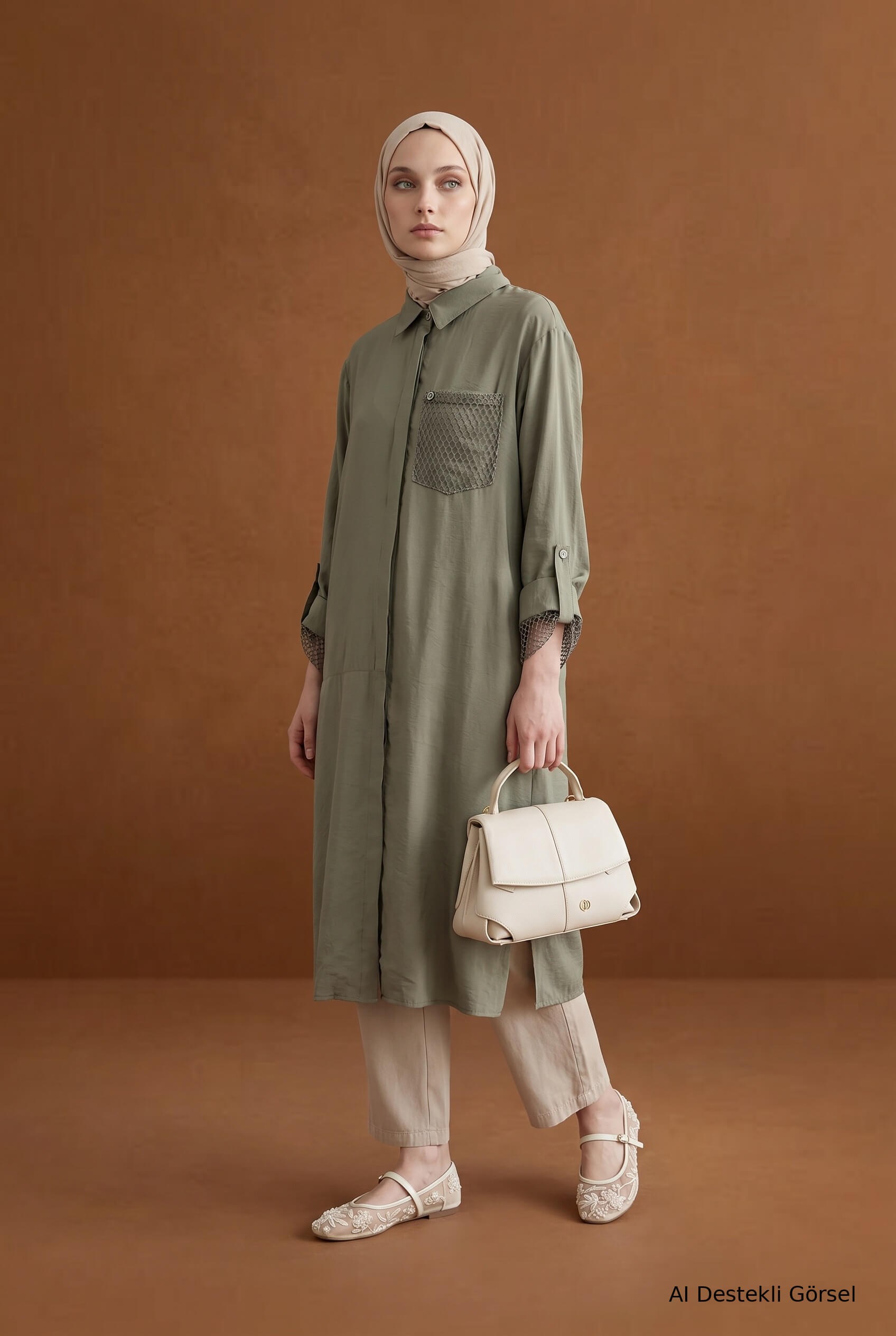 Armine TREND File Detaylı Gizli Düğmeli Tunik Haki 26YT458