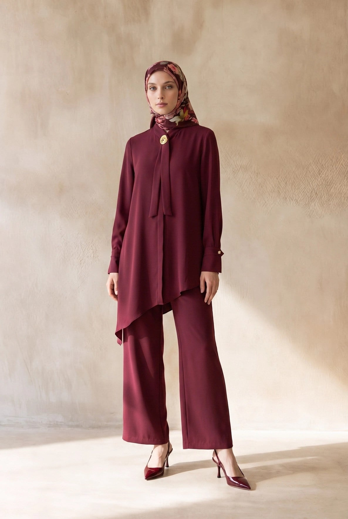 Armine TREND Fularlı Broşlu Asimetrik İkili Takım Bordo 26ka610