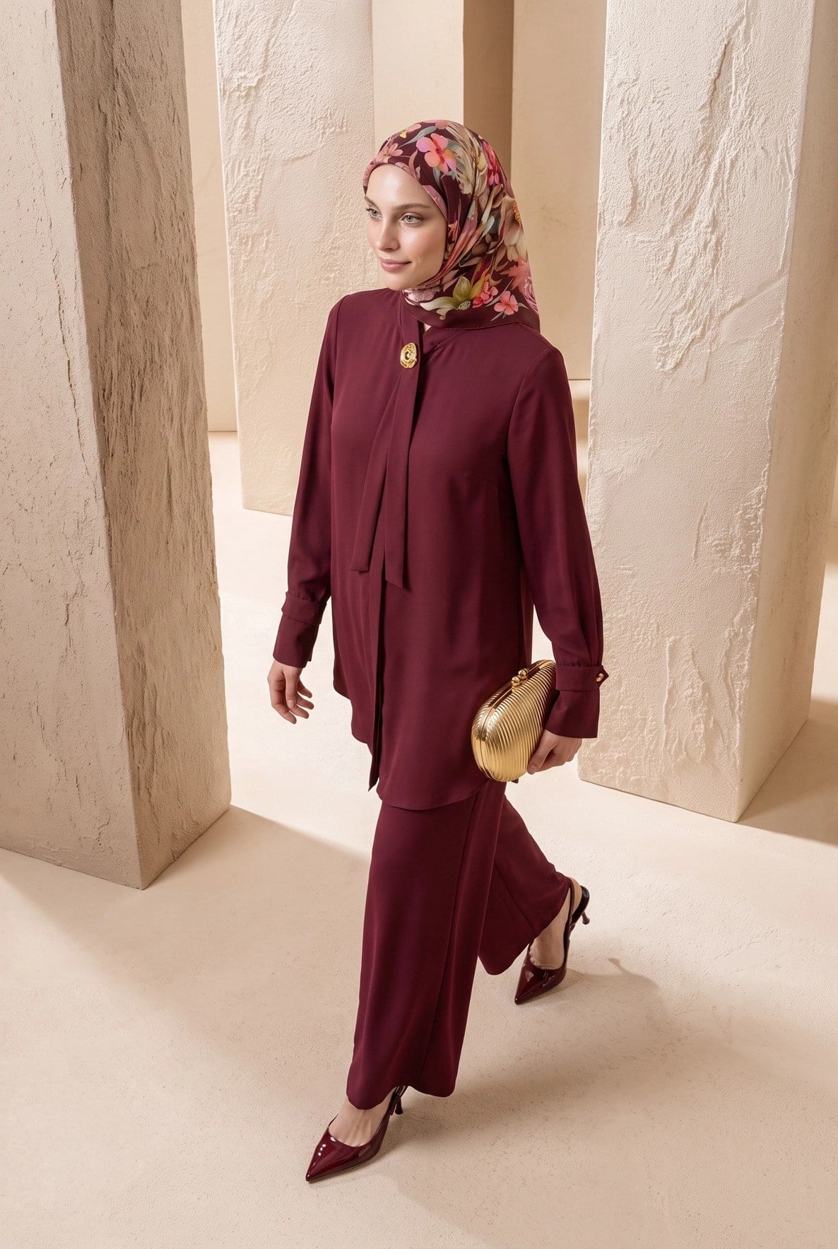 Armine TREND Fularlı Broşlu Asimetrik İkili Takım Bordo 26ka610