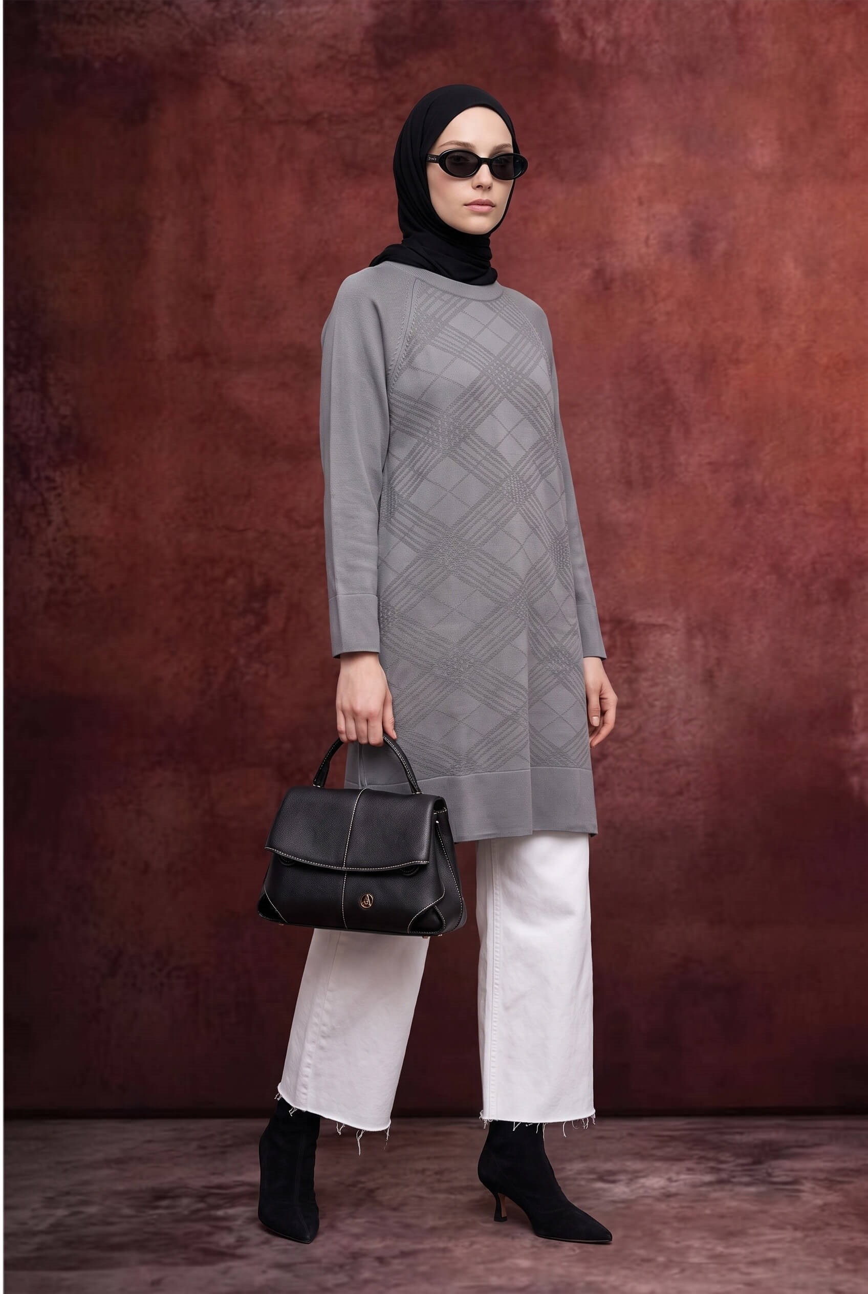 Armine TREND Geometrik Dokuma Desenli Triko Tunik Gri 26KTD411