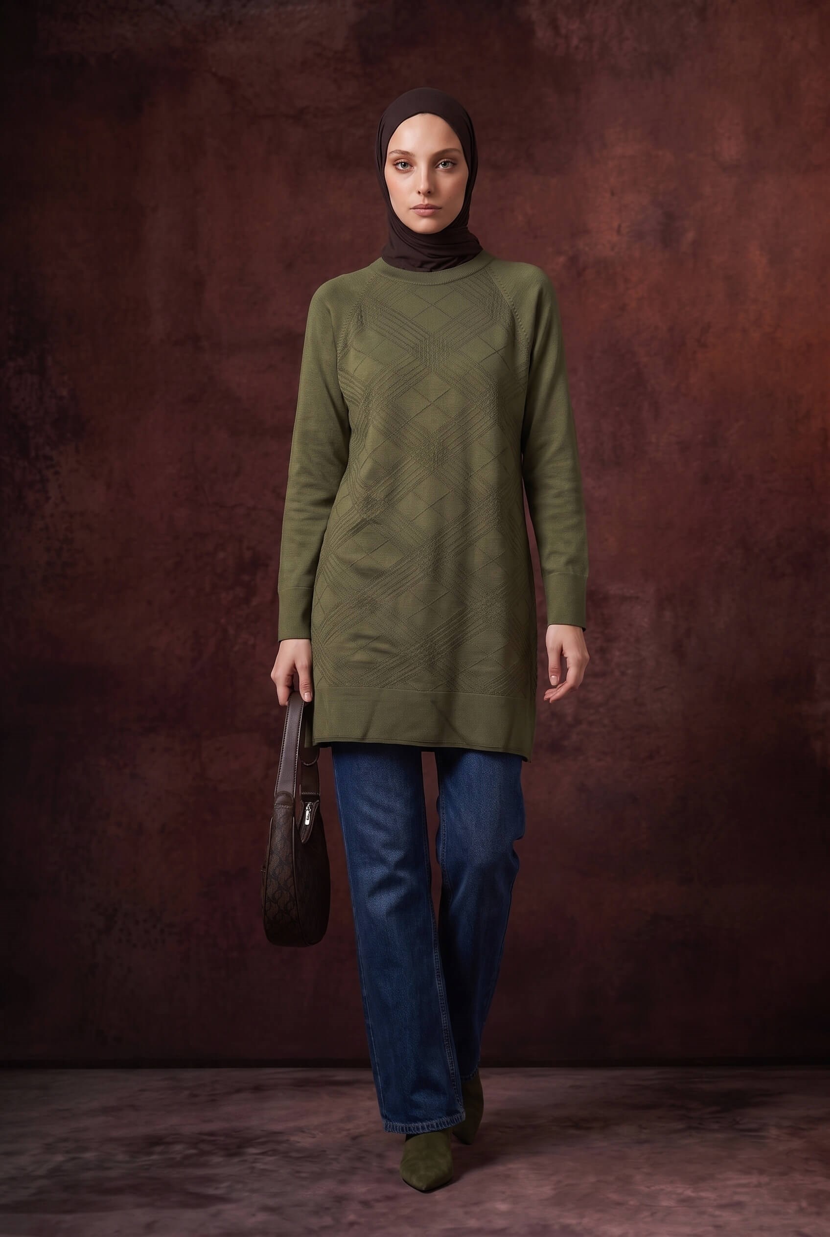 Armine TREND Geometrik Dokuma Desenli Triko Tunik Haki 26KTD411