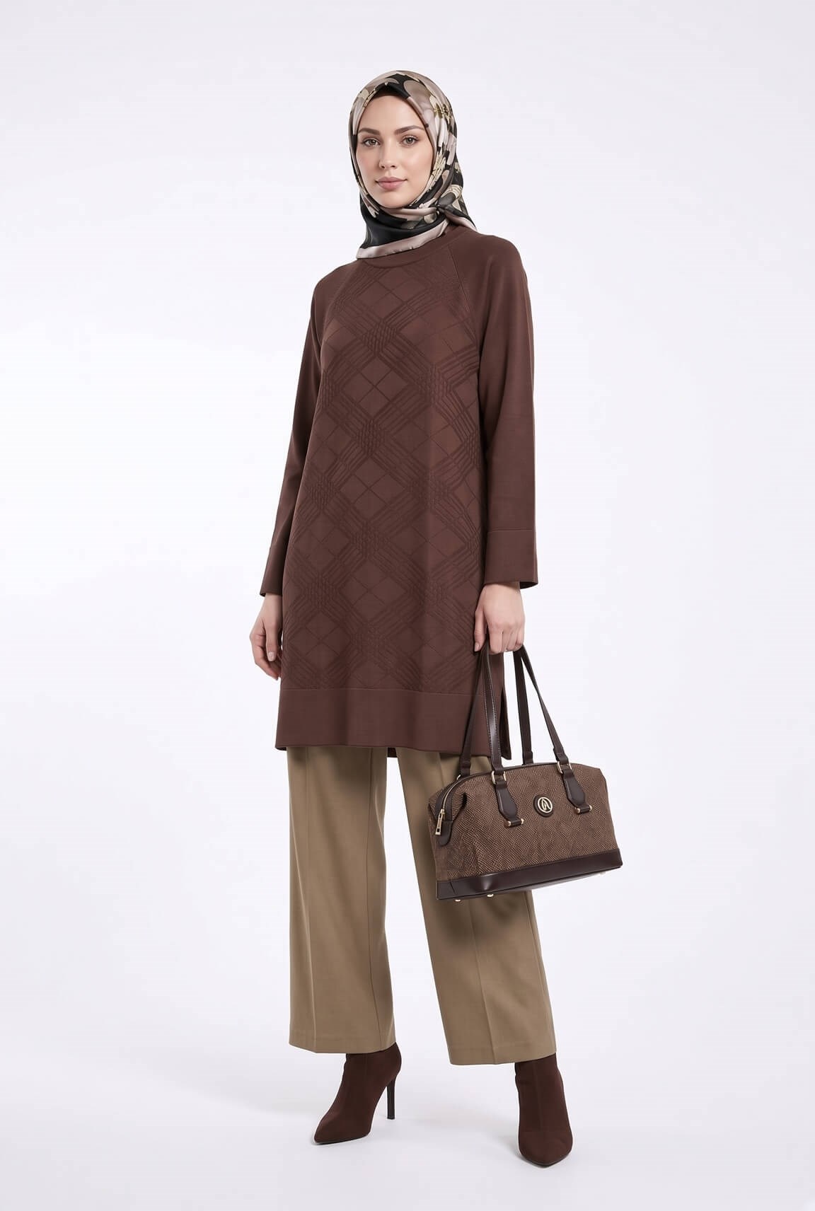 Armine TREND Geometrik Dokuma Desenli Triko Tunik Mocha 26KTD411