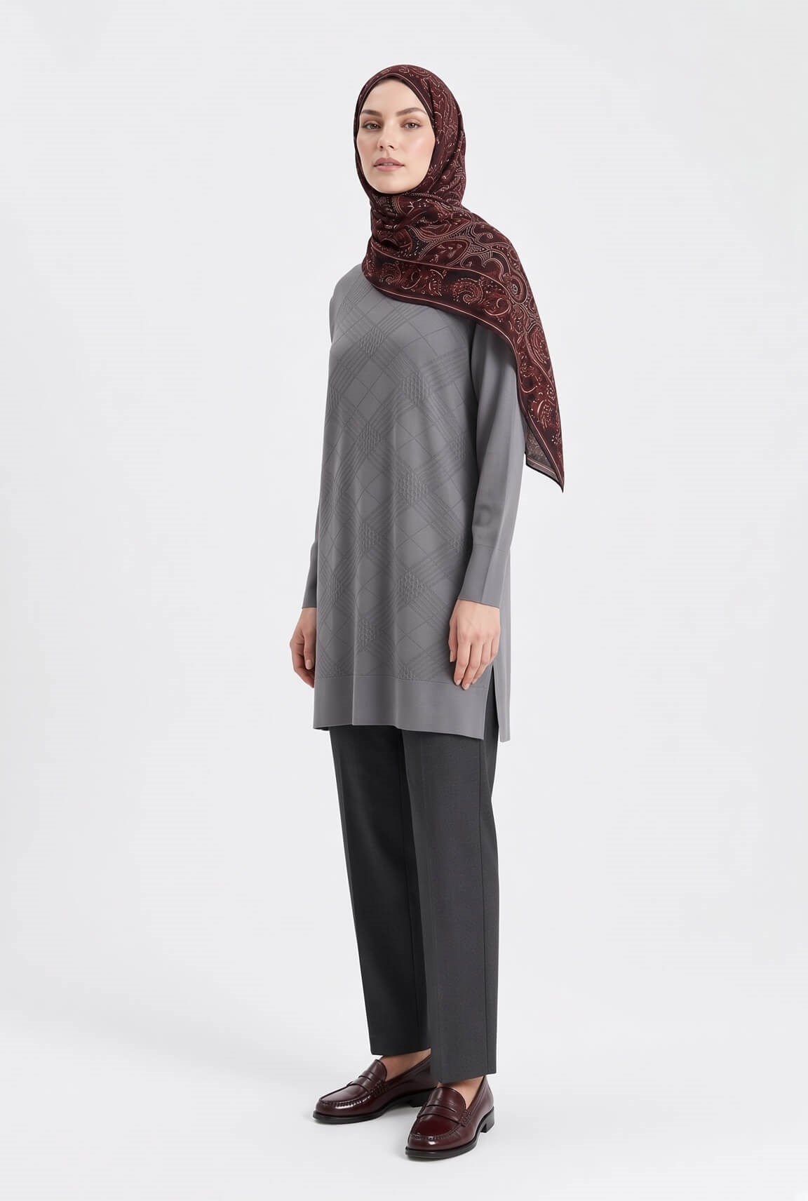 Armine TREND Geometrik Dokuma Desenli Triko Tunik Gri 26KTD411