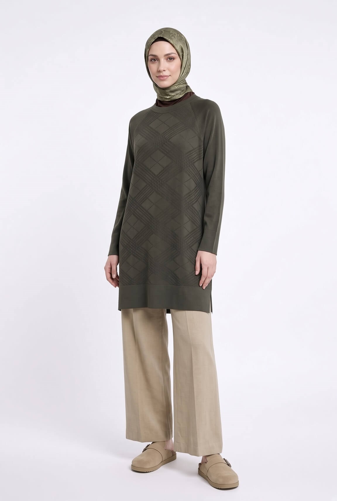Armine TREND Geometrik Dokuma Desenli Triko Tunik Haki 26KTD411