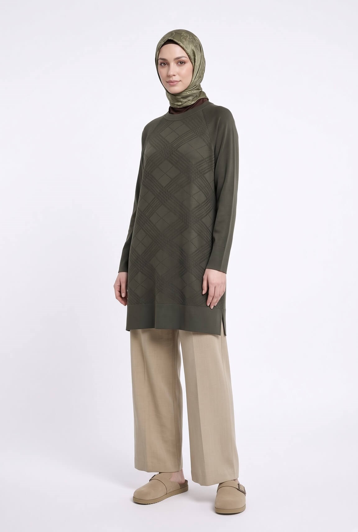 Armine TREND Geometrik Dokuma Desenli Triko Tunik Haki 26KTD411