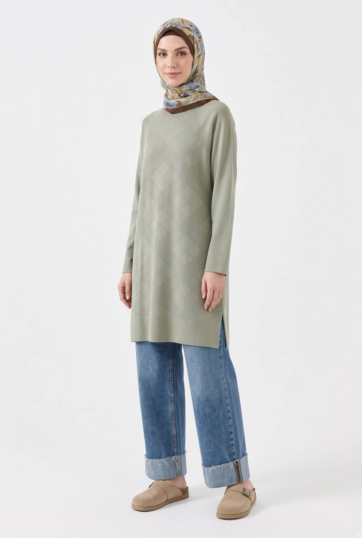 Armine TREND Geometrik Dokuma Desenli Triko Tunik Çağla 26KTD411