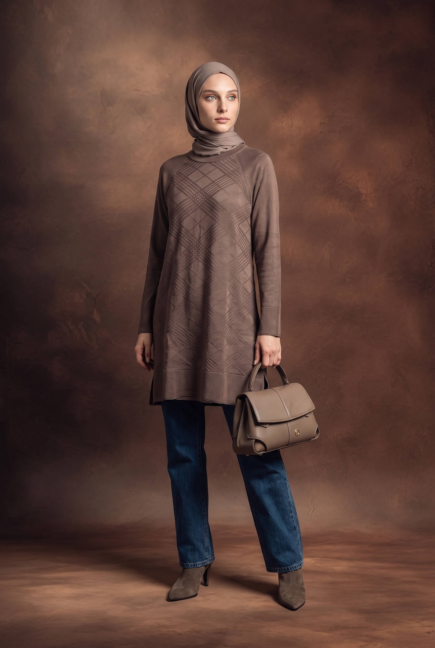 Armine TREND Geometrik Dokuma Desenli Triko Tunik Mocha 26KTD411