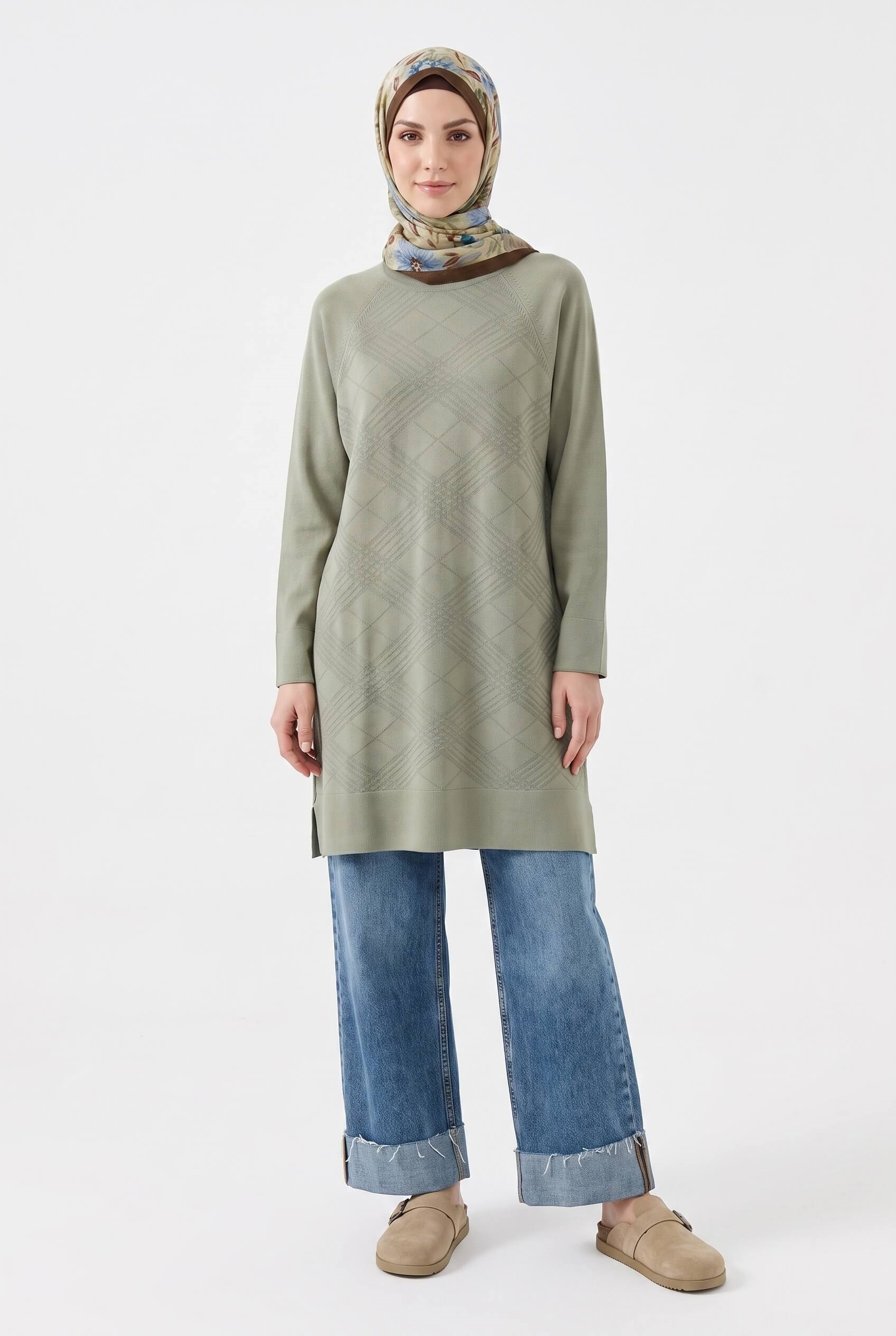 Armine TREND Geometrik Dokuma Desenli Triko Tunik Çağla 26KTD411