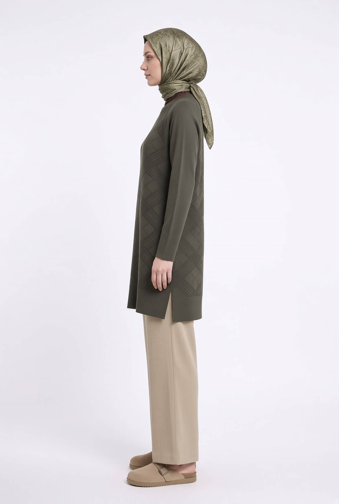 Armine TREND Geometrik Dokuma Desenli Triko Tunik Haki 26KTD411